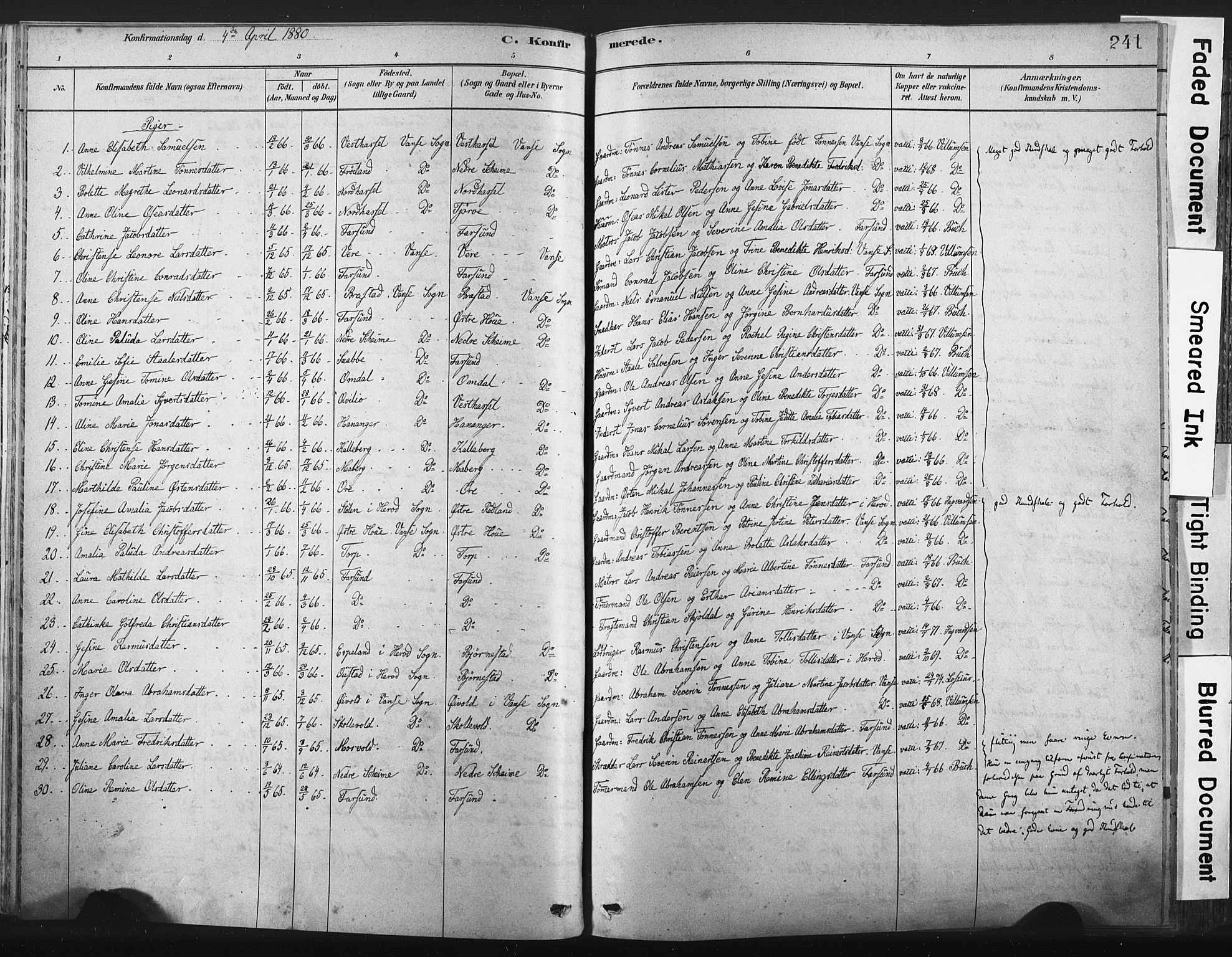 Lista sokneprestkontor, AV/SAK-1111-0027/F/Fa/L0012: Parish register (official) no. A 12, 1879-1903, p. 241