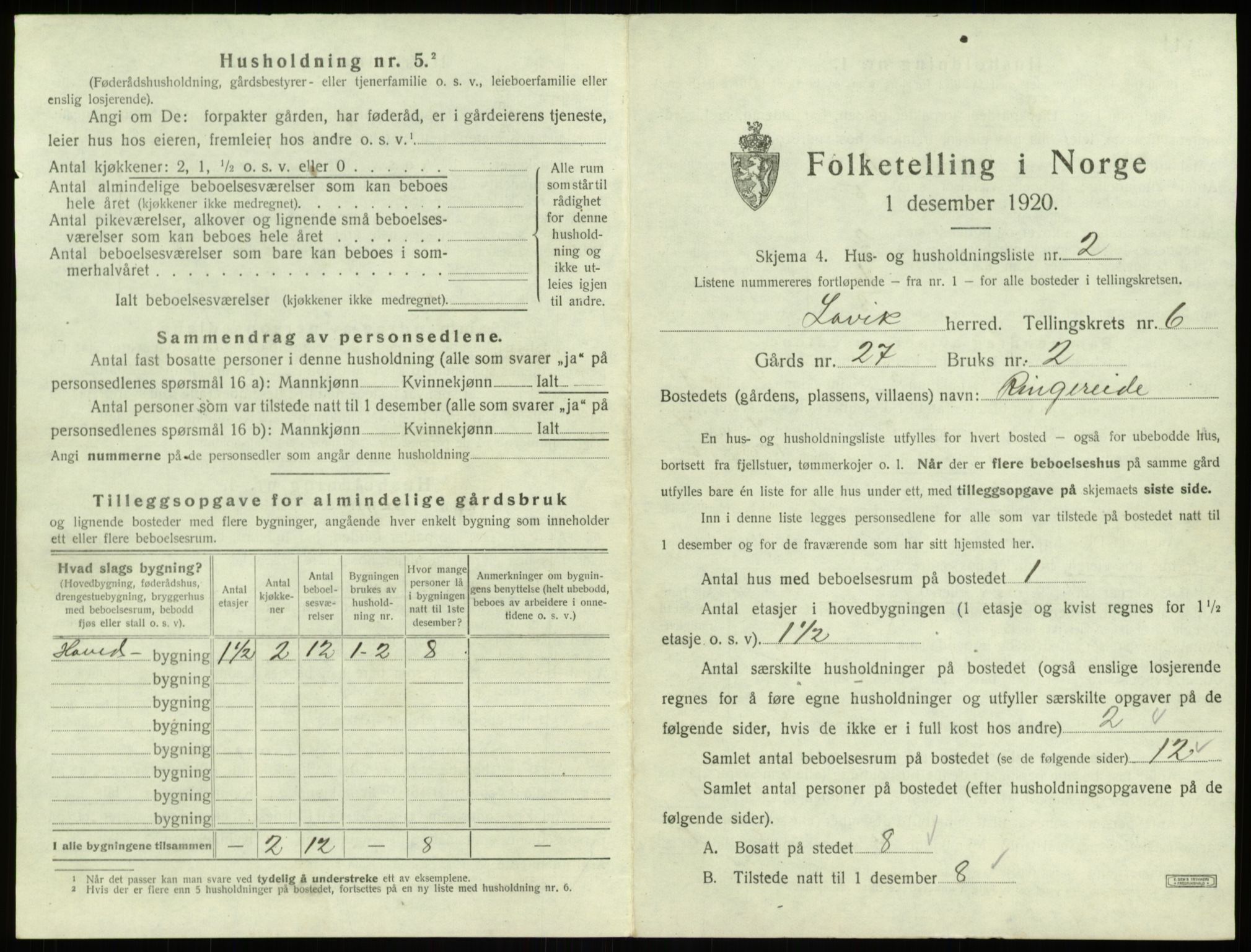 SAB, 1920 census for Lavik, 1920, p. 194