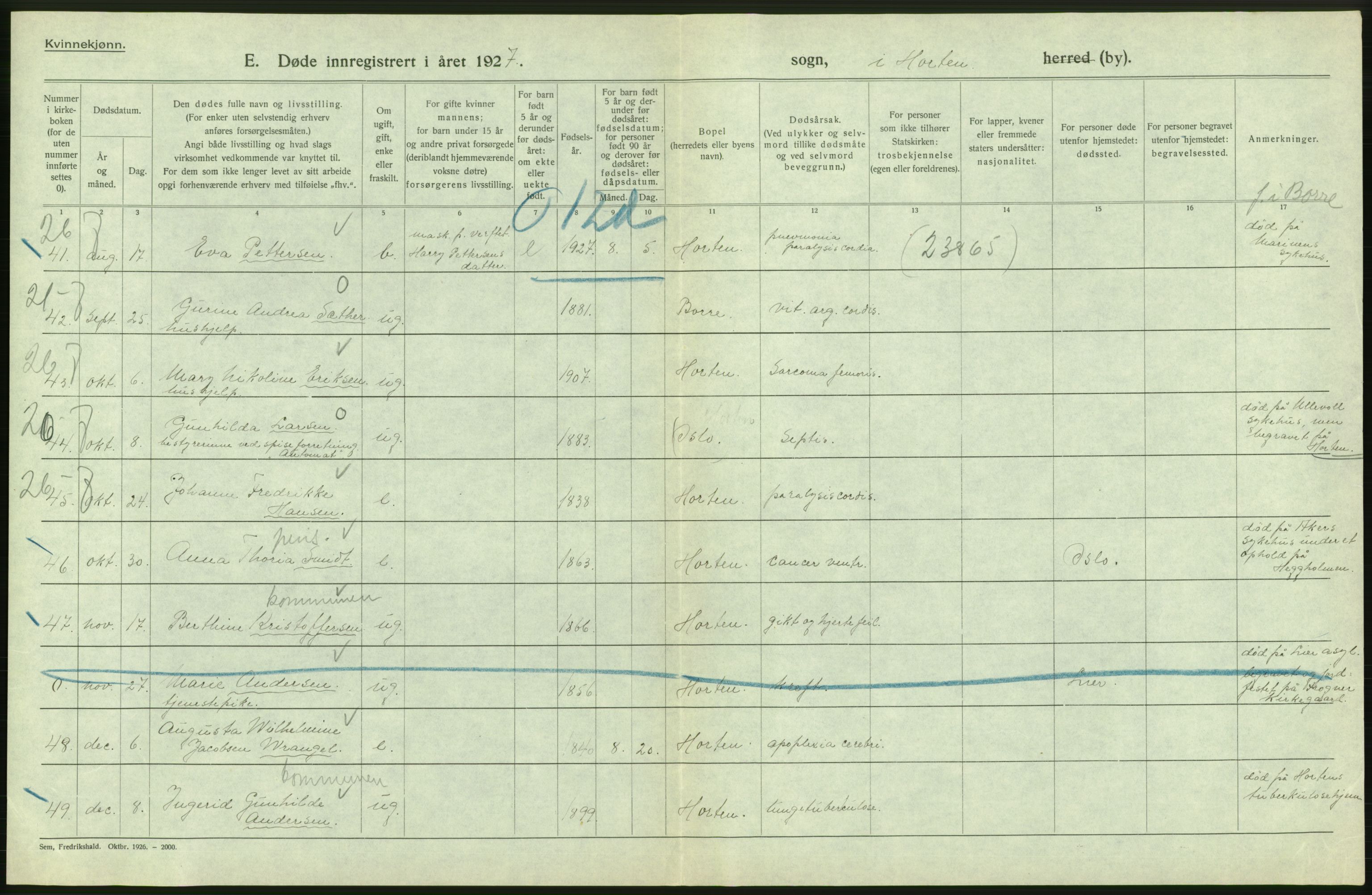 Statistisk sentralbyrå, Sosiodemografiske emner, Befolkning, AV/RA-S-2228/D/Df/Dfc/Dfcg/L0018: Vestfold fylke: Gifte, døde. Bygder og byer., 1927, p. 336