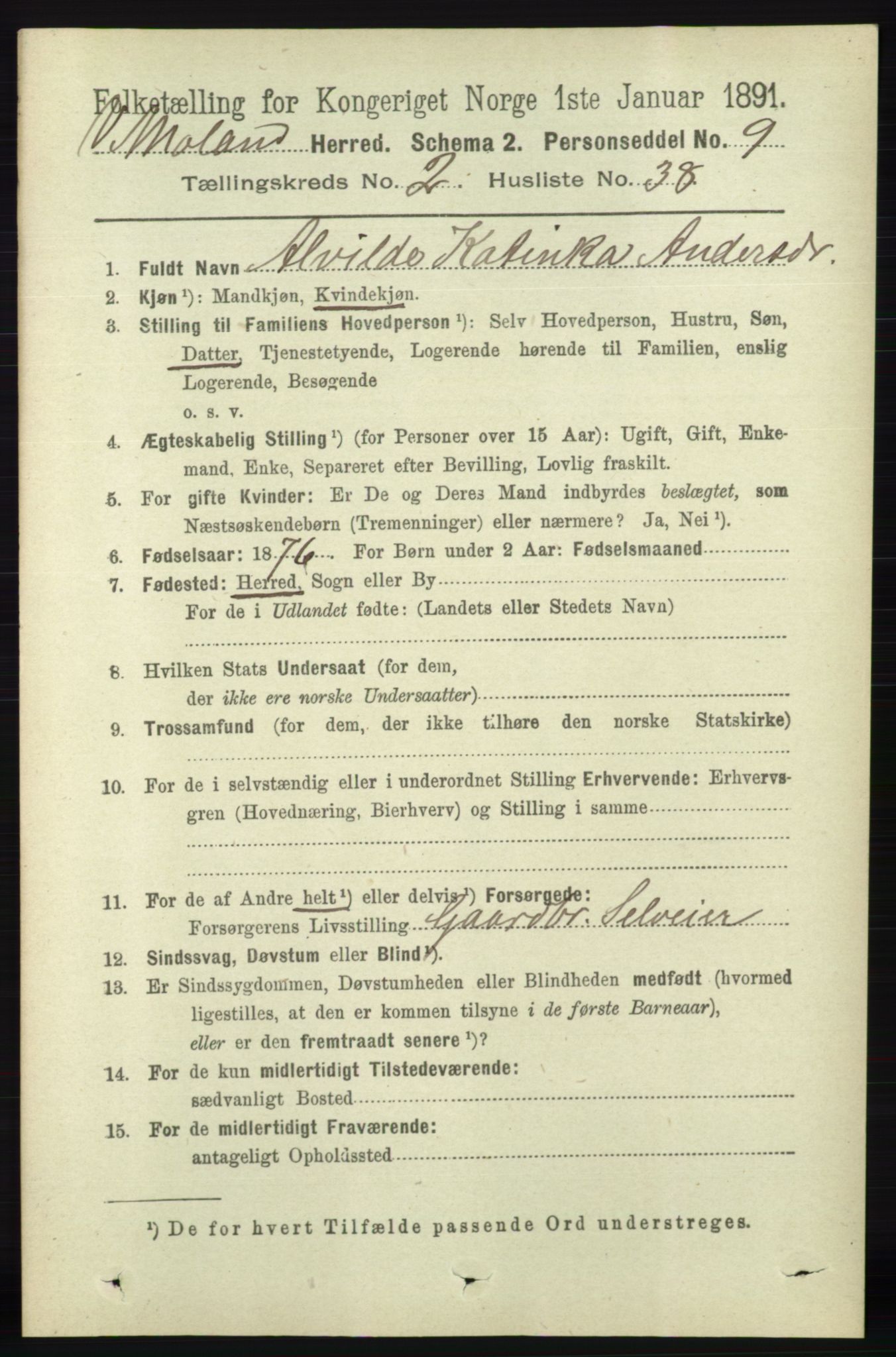 RA, 1891 census for 0926 Vestre Moland, 1891, p. 816