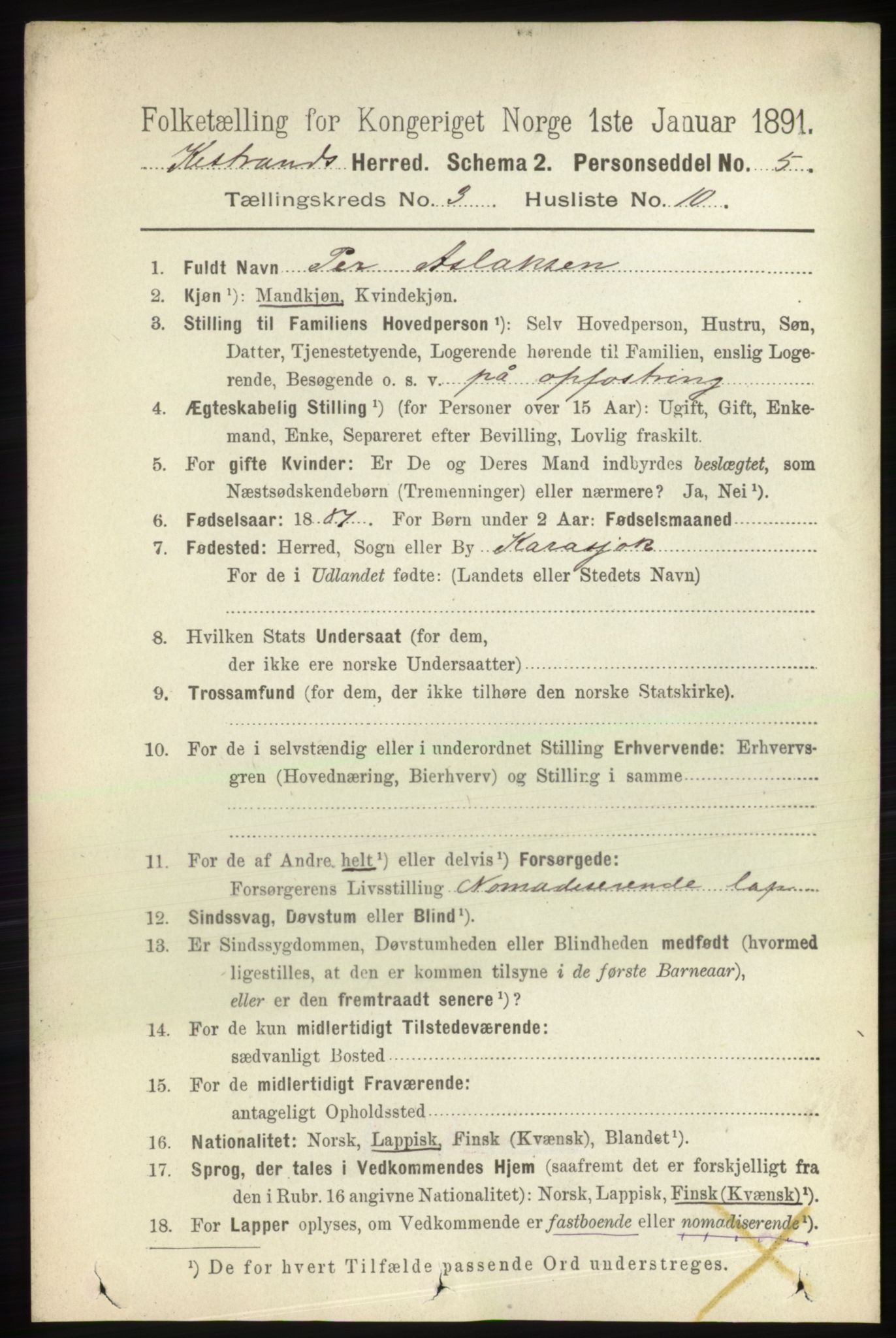 RA, 1891 census for 2020 Kistrand, 1891, p. 1333