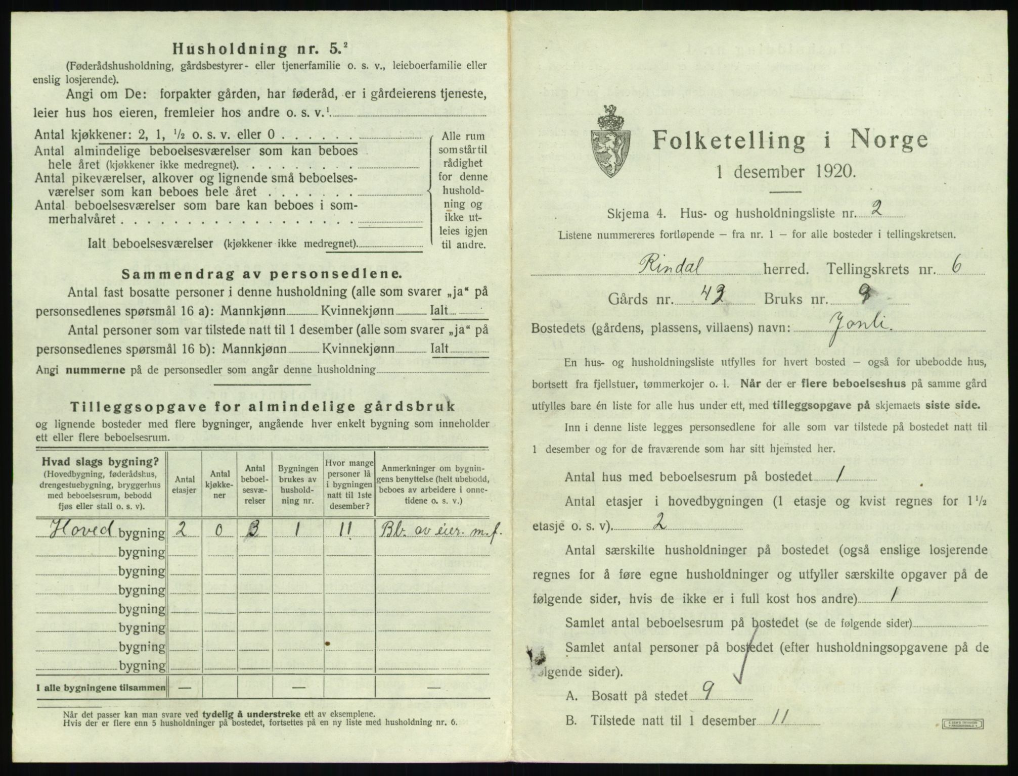 SAT, 1920 census for Rindal, 1920, p. 434