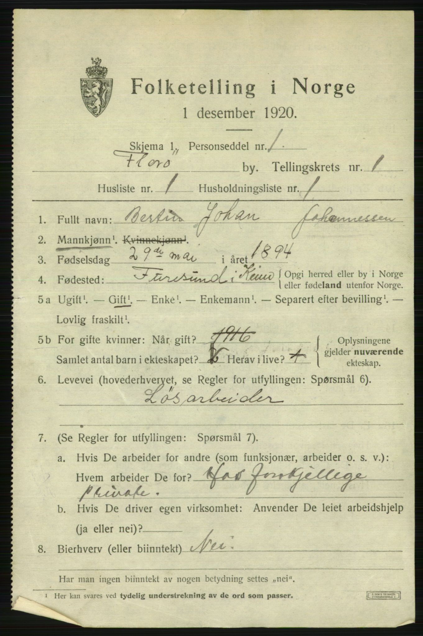SAB, 1920 census for Florø, 1920, p. 1064