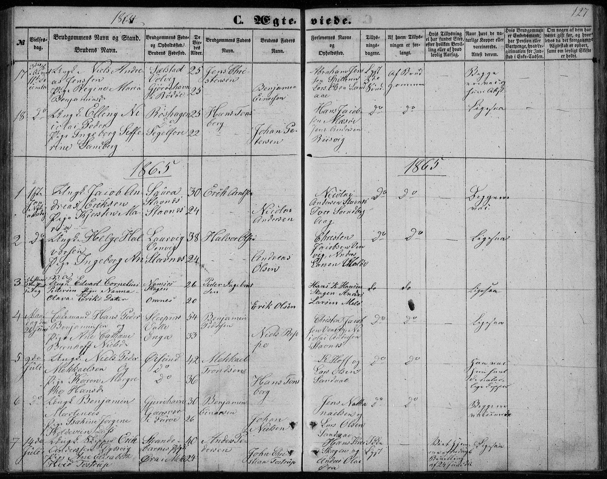 Ministerialprotokoller, klokkerbøker og fødselsregistre - Nordland, AV/SAT-A-1459/843/L0633: Parish register (copy) no. 843C02, 1853-1873, p. 127