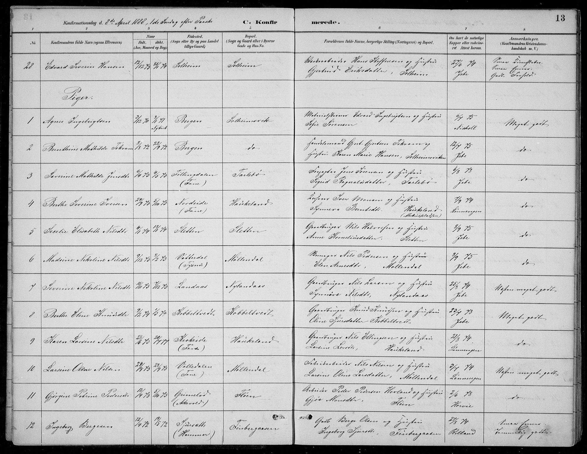 Årstad Sokneprestembete, AV/SAB-A-79301/H/Hab/L0011: Parish register (copy) no. B 1, 1886-1901, p. 13