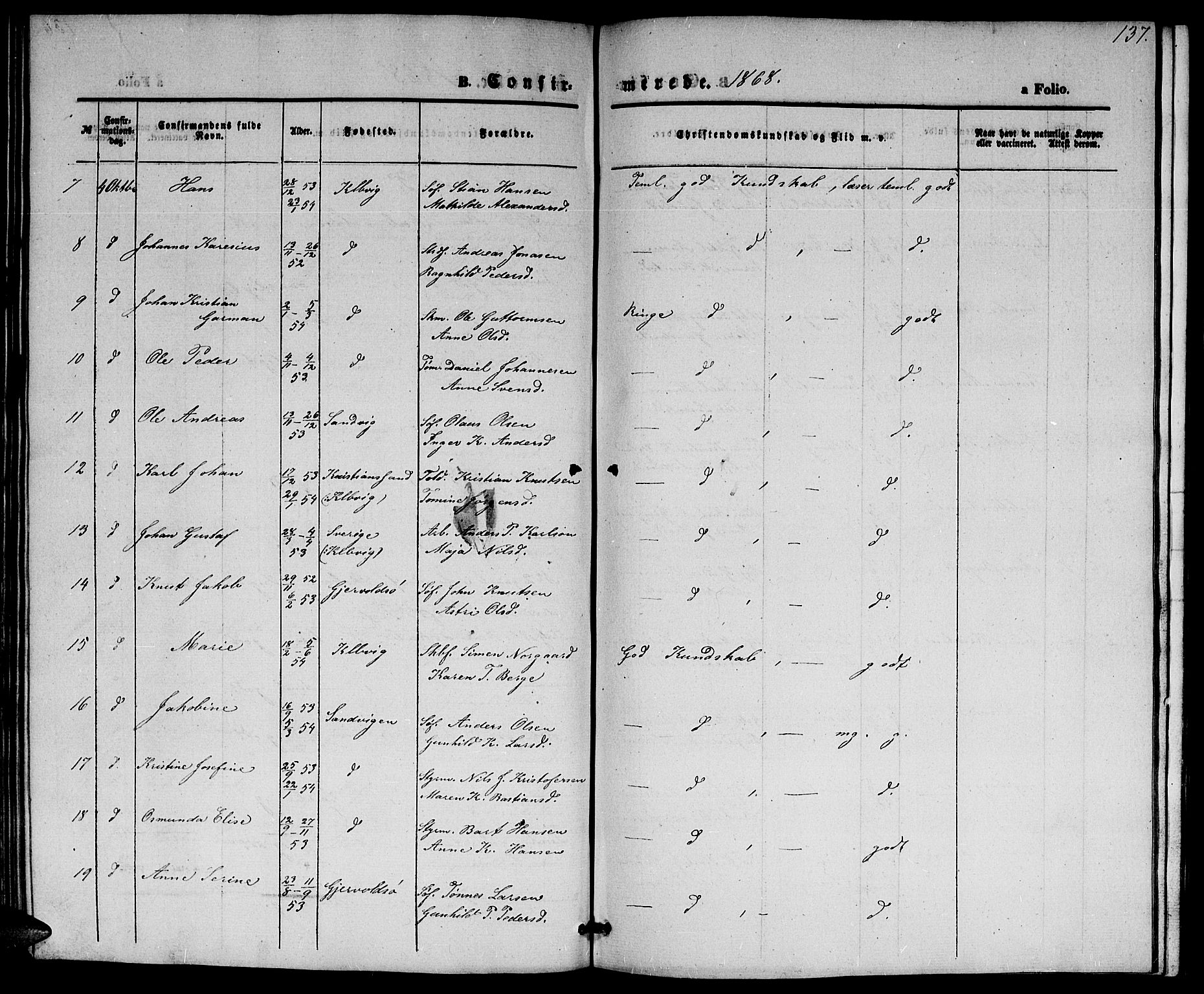 Hisøy sokneprestkontor, SAK/1111-0020/F/Fb/L0001: Parish register (copy) no. B 1, 1849-1872, p. 137