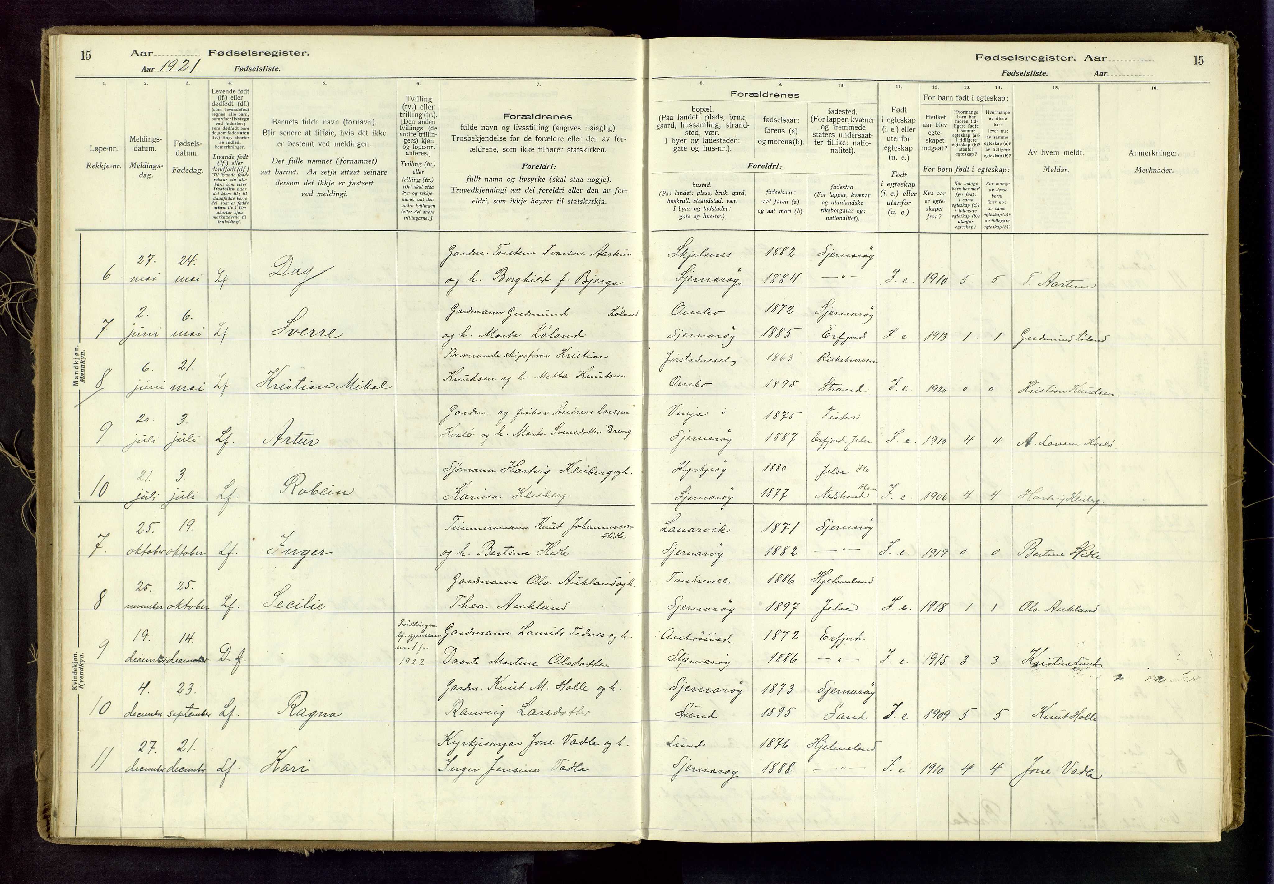 Nedstrand sokneprestkontor, AV/SAST-A-101841/03/A/L0001: Birth register no. 1, 1916-1982, p. 15