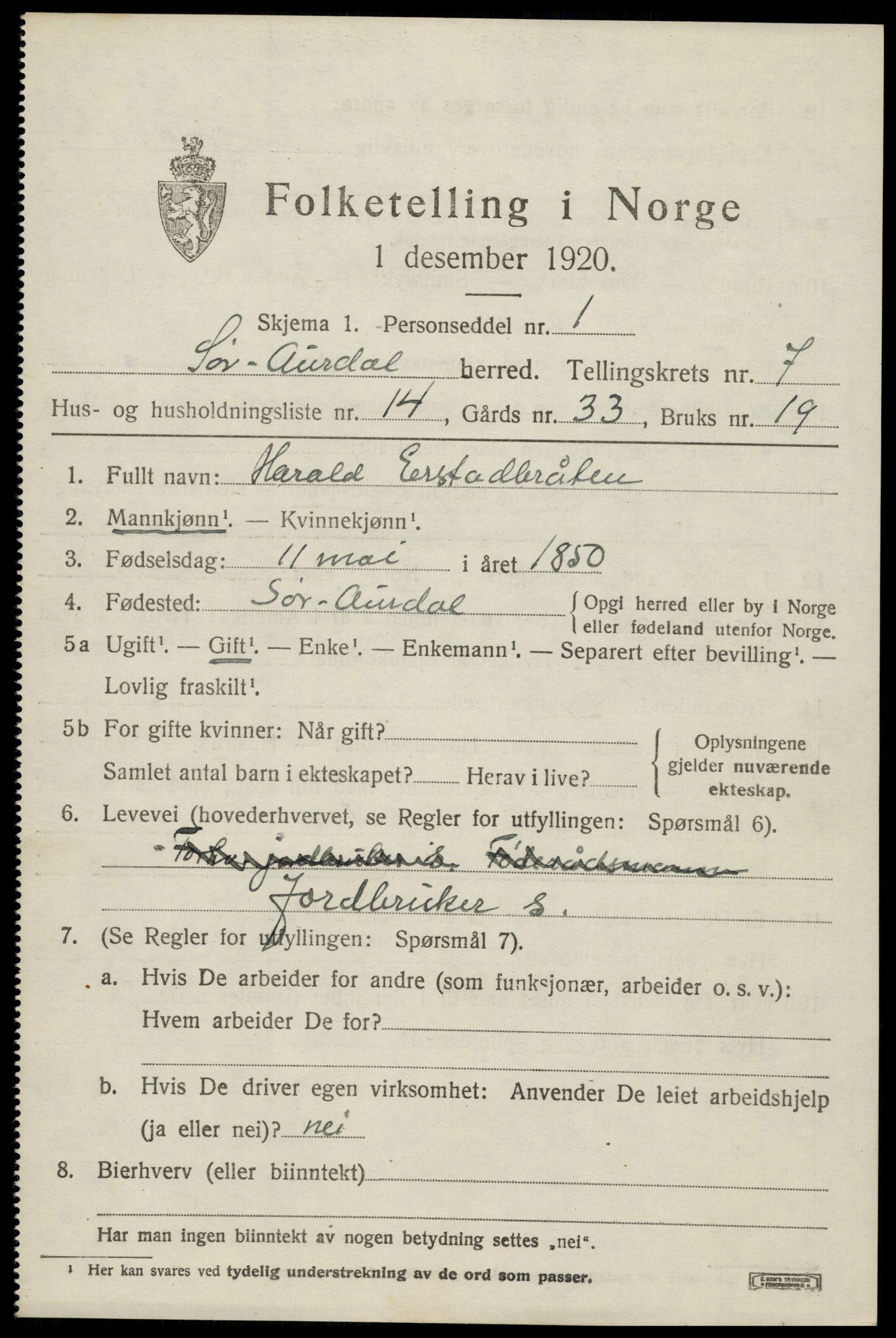 SAH, 1920 census for Sør-Aurdal, 1920, p. 3729