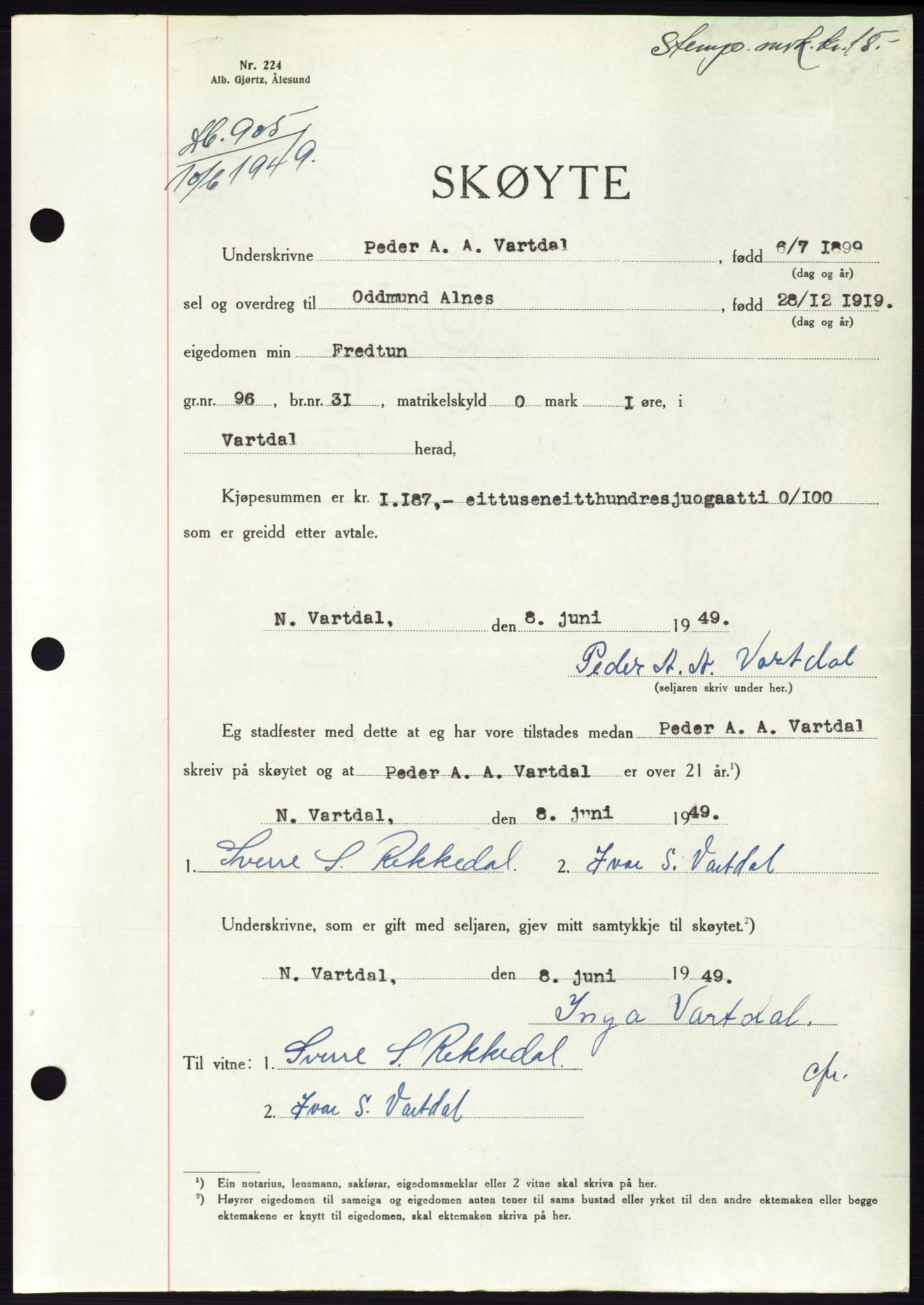 Søre Sunnmøre sorenskriveri, AV/SAT-A-4122/1/2/2C/L0084: Mortgage book no. 10A, 1949-1949, Diary no: : 905/1949