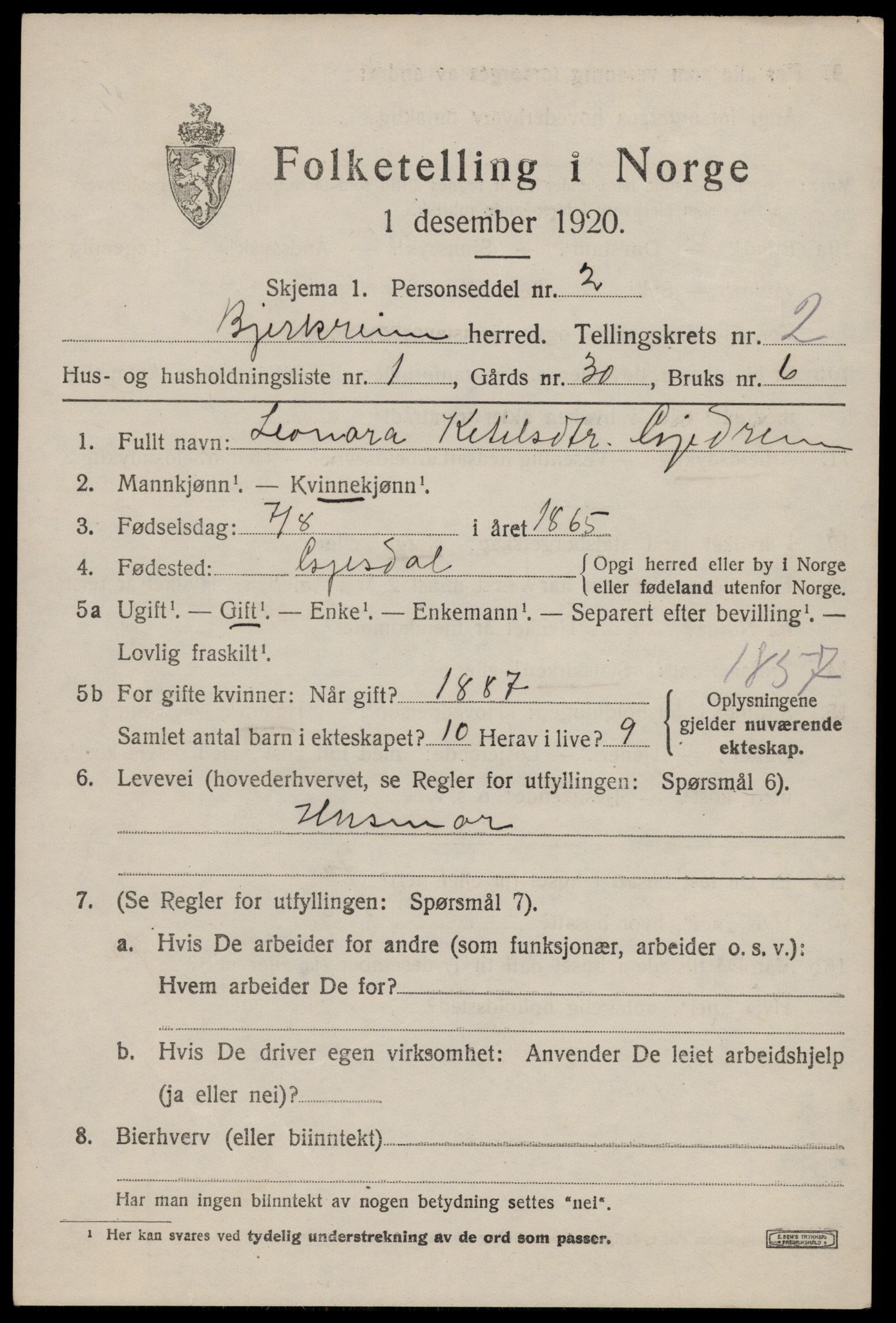 SAST, 1920 census for Bjerkreim, 1920, p. 866