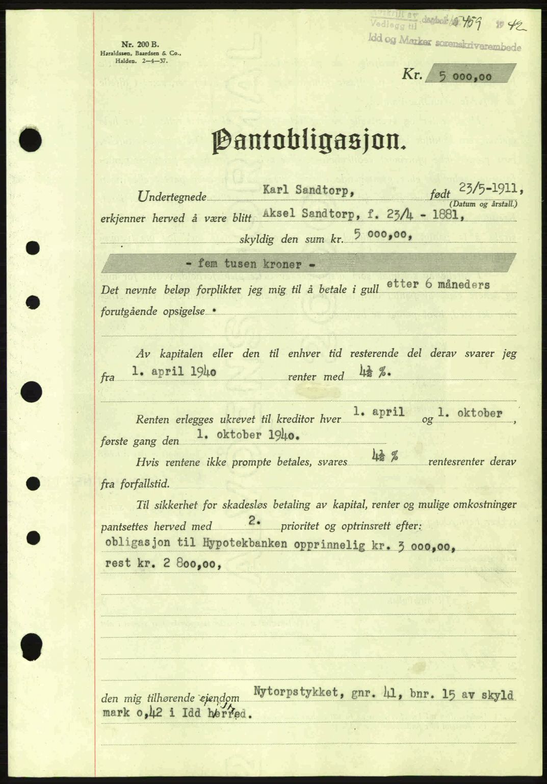 Idd og Marker sorenskriveri, AV/SAO-A-10283/G/Gb/Gbc/L0002: Mortgage book no. B4-9a, 1939-1945, Diary no: : 459/1942