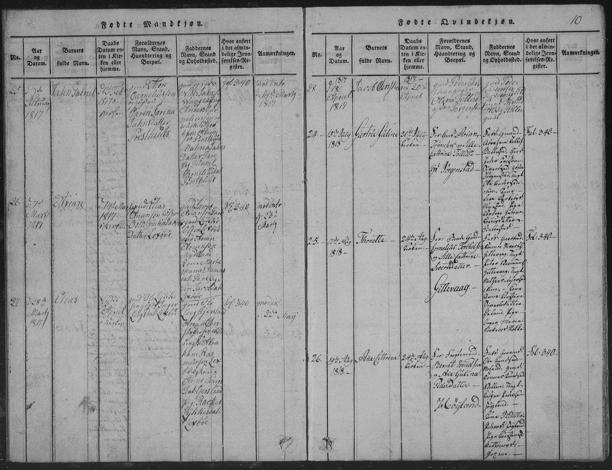 Sør-Audnedal sokneprestkontor, SAK/1111-0039/F/Fb/Fba/L0001: Parish register (copy) no. B 1, 1815-1850, p. 10