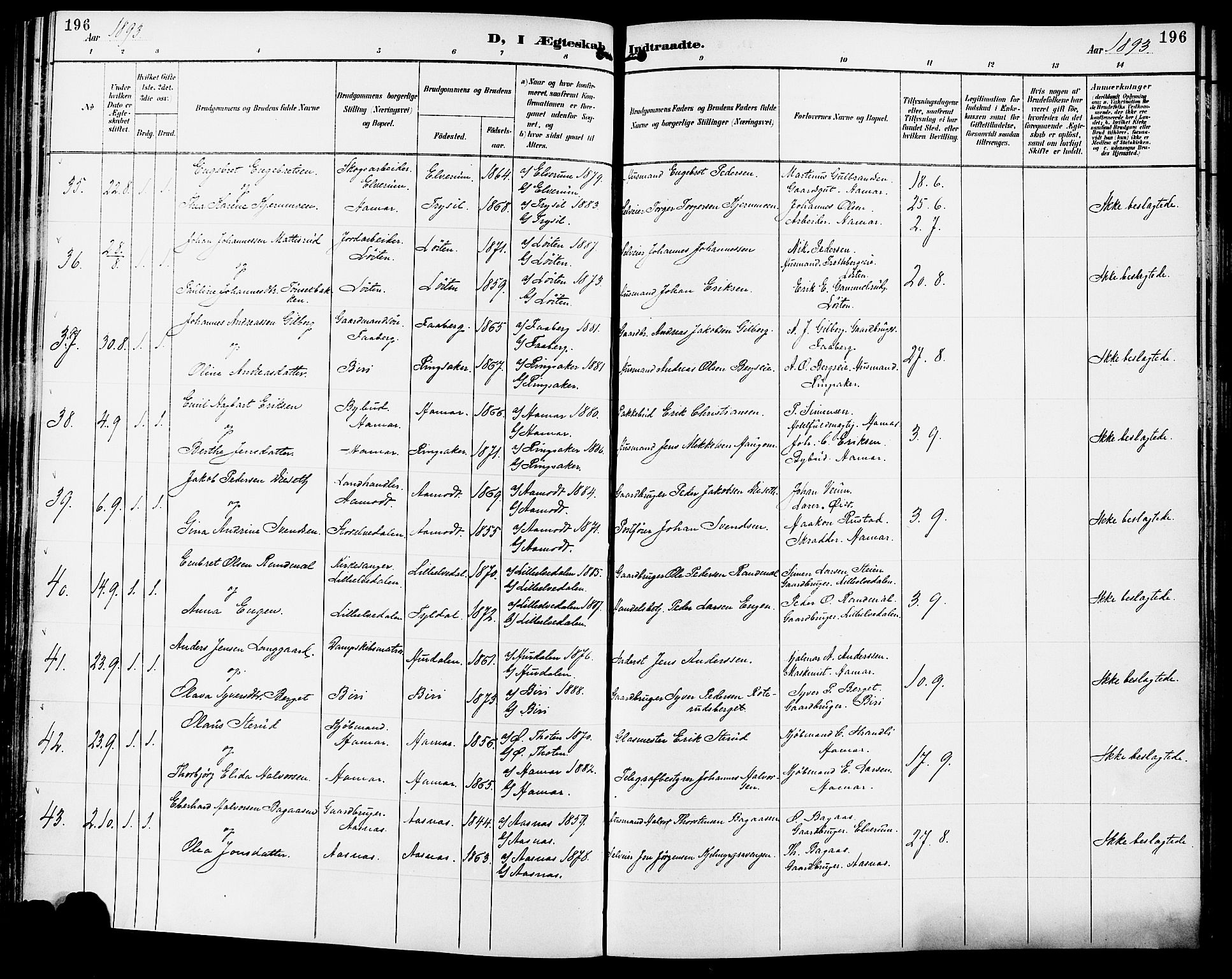 Vang prestekontor, Hedmark, AV/SAH-PREST-008/H/Ha/Haa/L0017: Parish register (official) no. 17, 1890-1899, p. 196