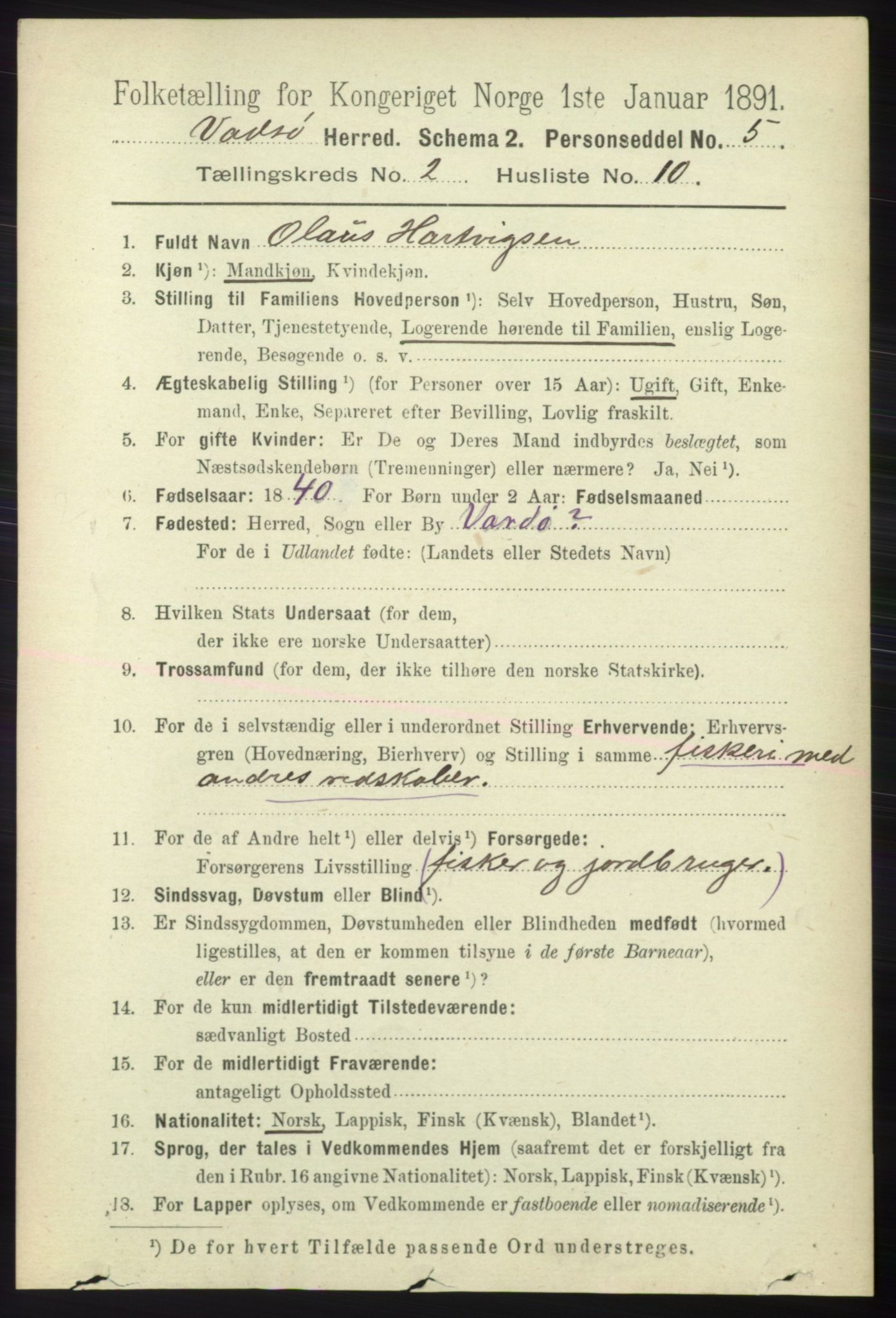 RA, 1891 census for 2029 Vadsø, 1891, p. 493