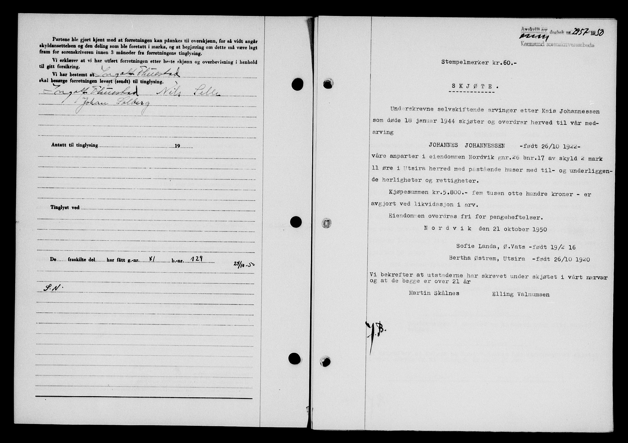 Karmsund sorenskriveri, SAST/A-100311/01/II/IIB/L0101: Mortgage book no. 81A, 1950-1951, Diary no: : 2957/1950