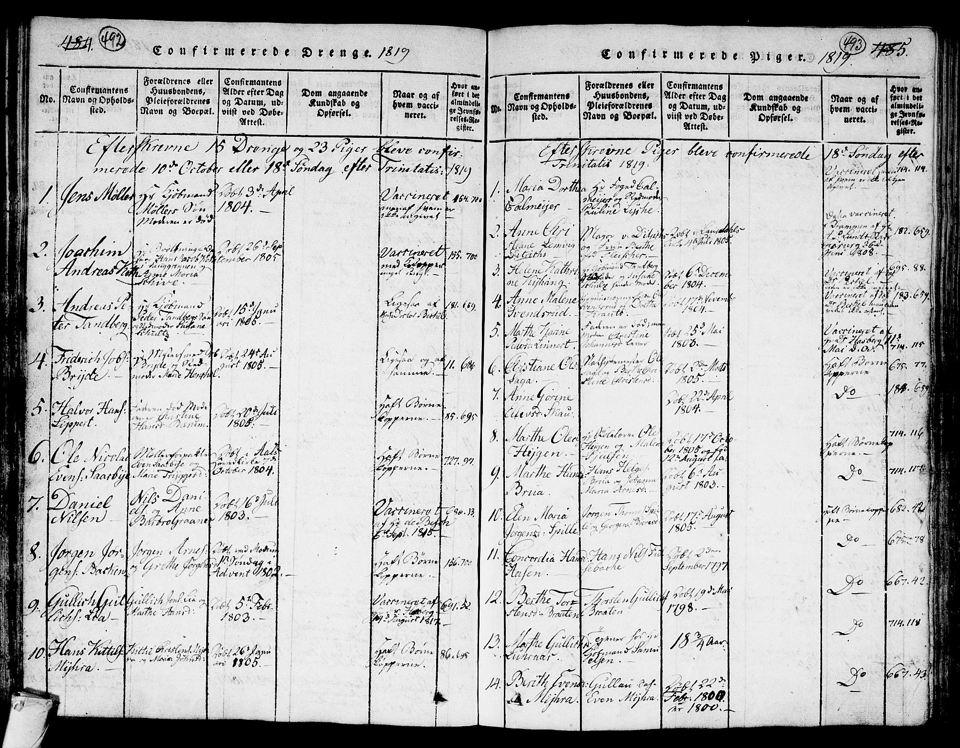 Kongsberg kirkebøker, AV/SAKO-A-22/G/Ga/L0001: Parish register (copy) no. 1, 1816-1839, p. 492-493