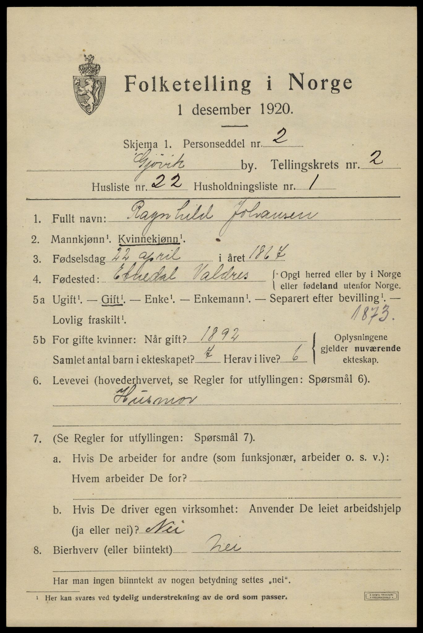 SAH, 1920 census for Gjøvik, 1920, p. 5098