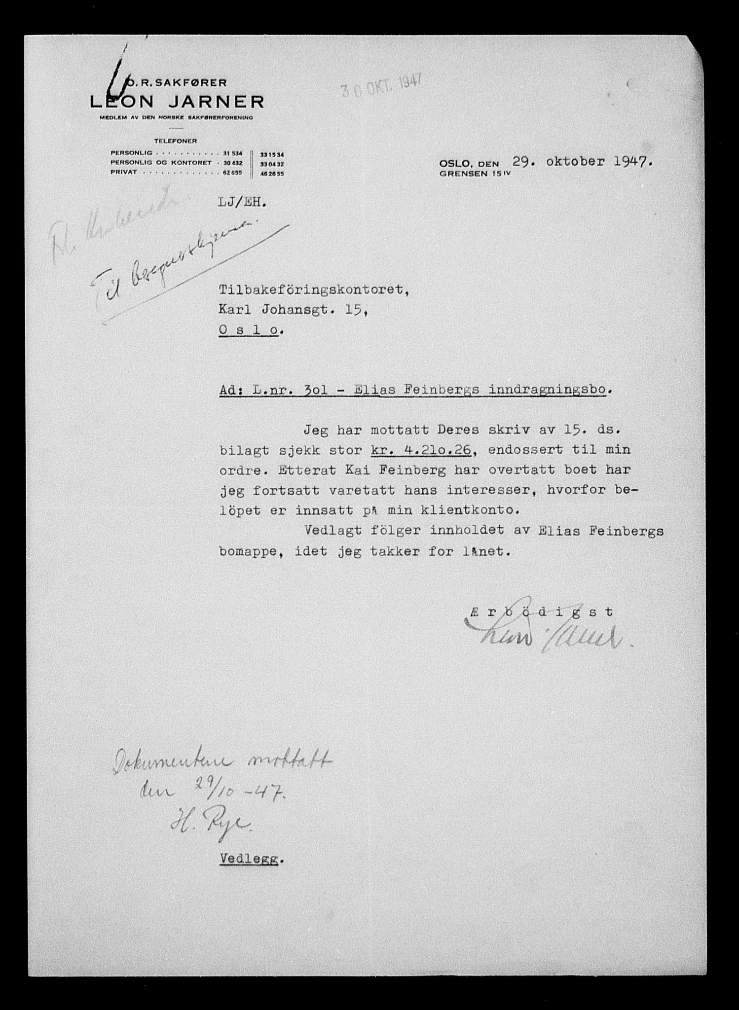 Justisdepartementet, Tilbakeføringskontoret for inndratte formuer, AV/RA-S-1564/H/Hc/Hcc/L0934: --, 1945-1947, p. 171