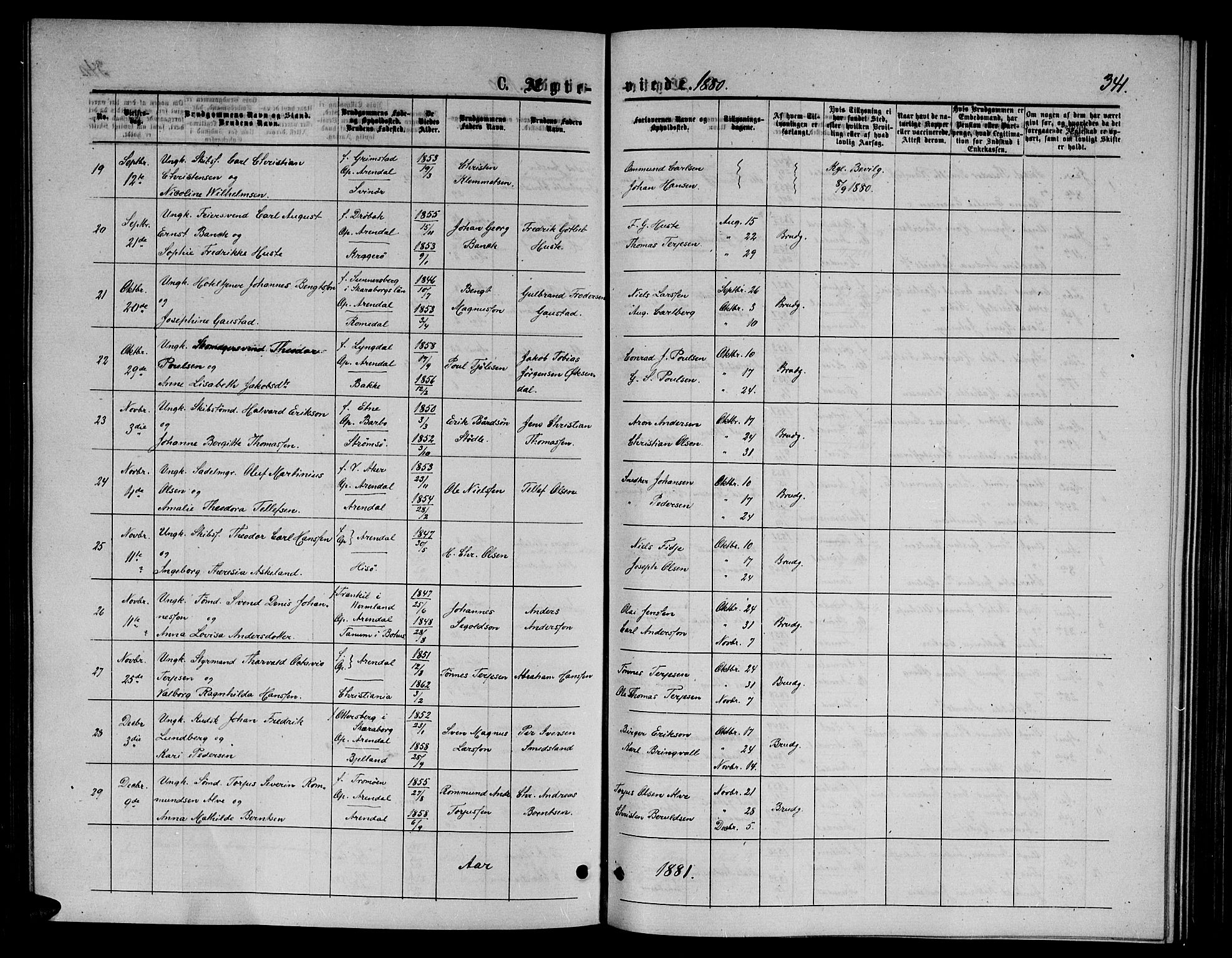 Arendal sokneprestkontor, Trefoldighet, AV/SAK-1111-0040/F/Fb/L0005: Parish register (copy) no. B 5, 1874-1888, p. 341