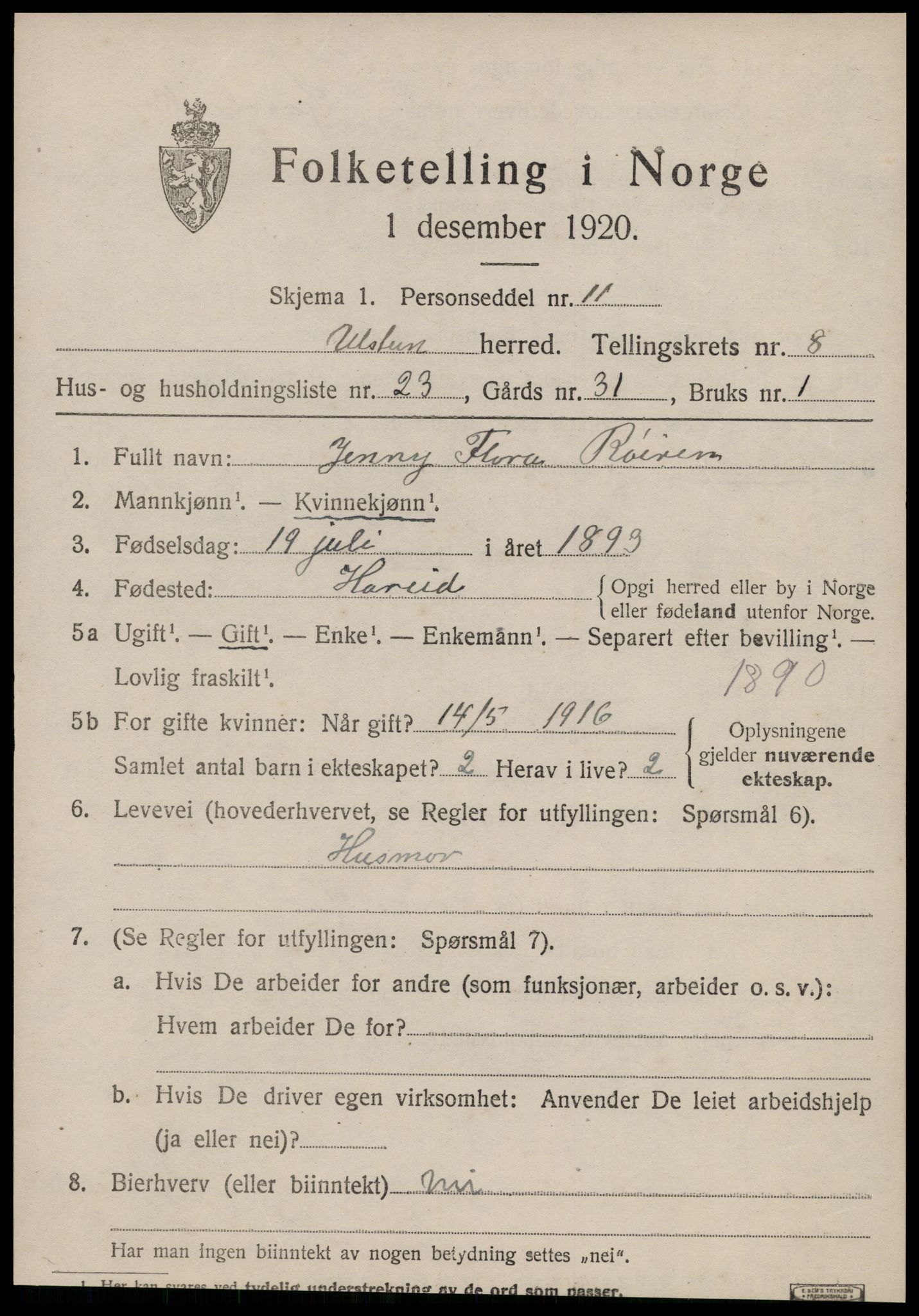 SAT, 1920 census for Ulstein, 1920, p. 4972