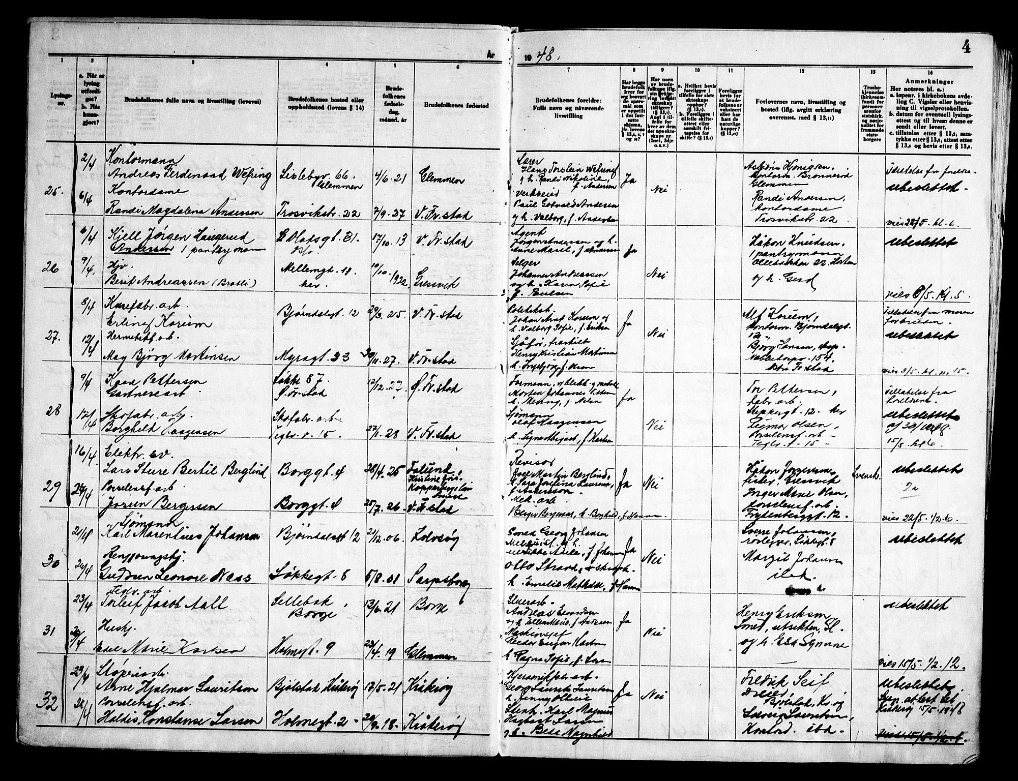 Fredrikstad domkirkes prestekontor Kirkebøker, AV/SAO-A-10906/H/Ha/L0005: Banns register no. 5, 1948-1960, p. 4