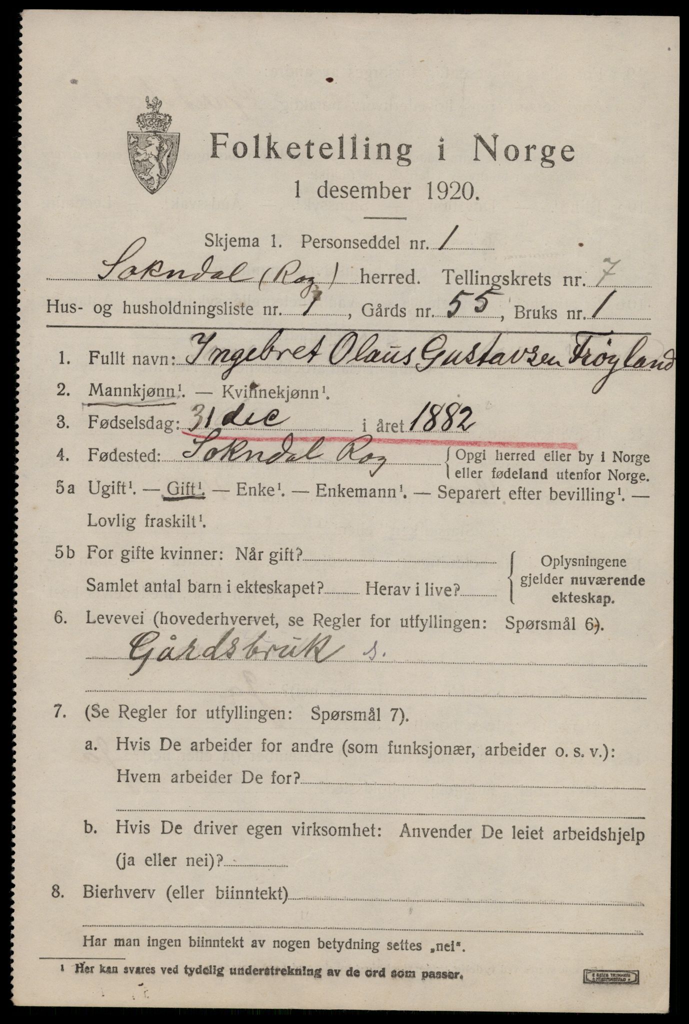 SAST, 1920 census for Sokndal, 1920, p. 4205