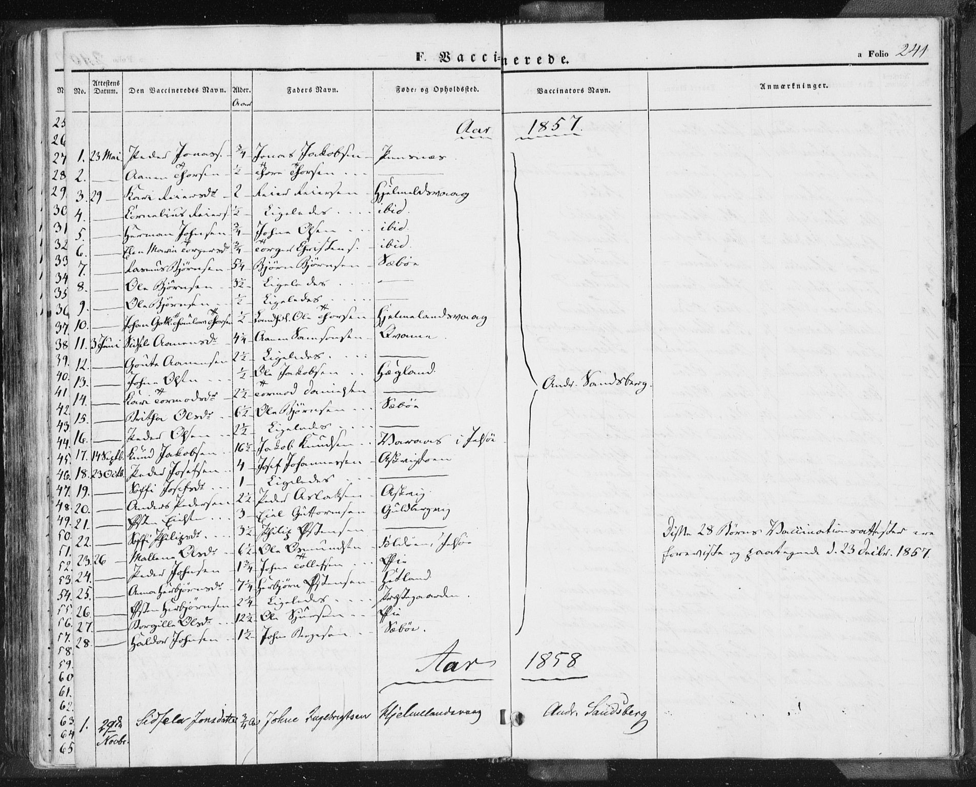 Hjelmeland sokneprestkontor, AV/SAST-A-101843/01/IV/L0009: Parish register (official) no. A 9, 1846-1860, p. 241