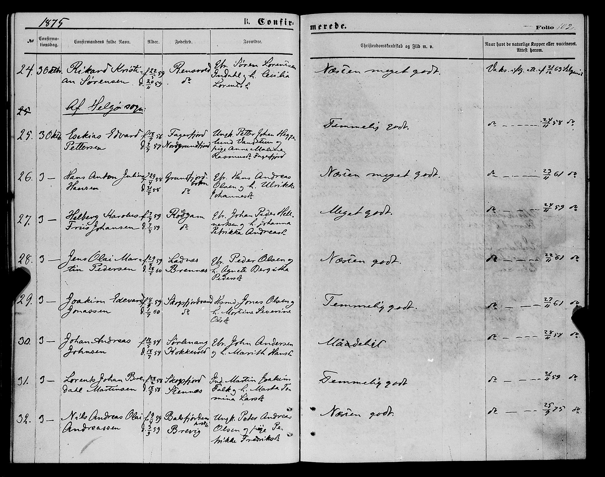 Karlsøy sokneprestembete, AV/SATØ-S-1299/H/Ha/Haa/L0005kirke: Parish register (official) no. 5, 1872-1878, p. 102