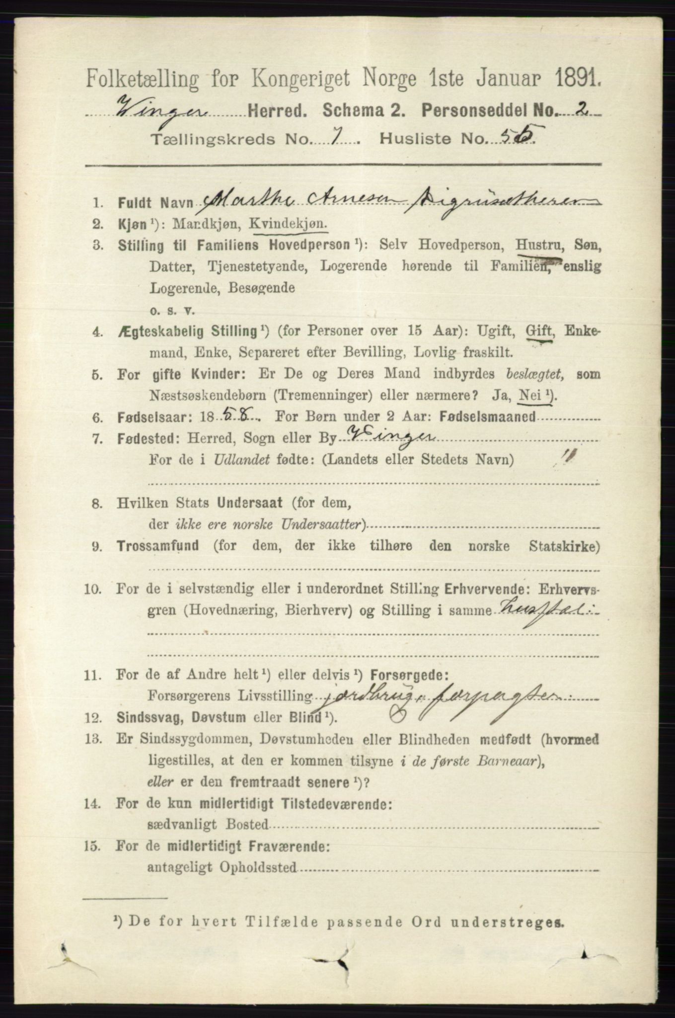 RA, 1891 census for 0421 Vinger, 1891, p. 3523