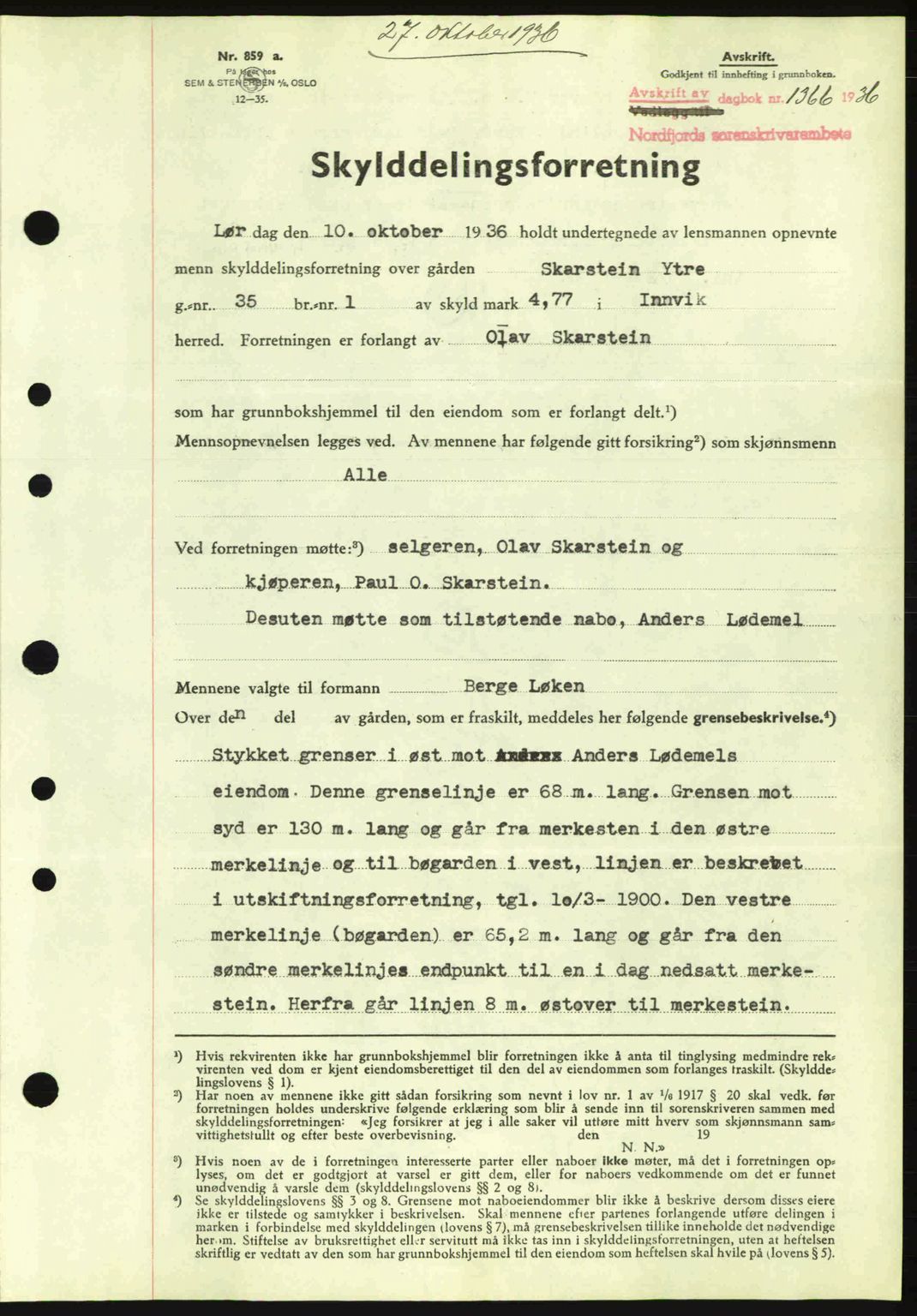 Nordfjord sorenskriveri, AV/SAB-A-2801/02/02b/02bj/L0001: Mortgage book no. A1, 1936-1937, Diary no: : 1366/1936