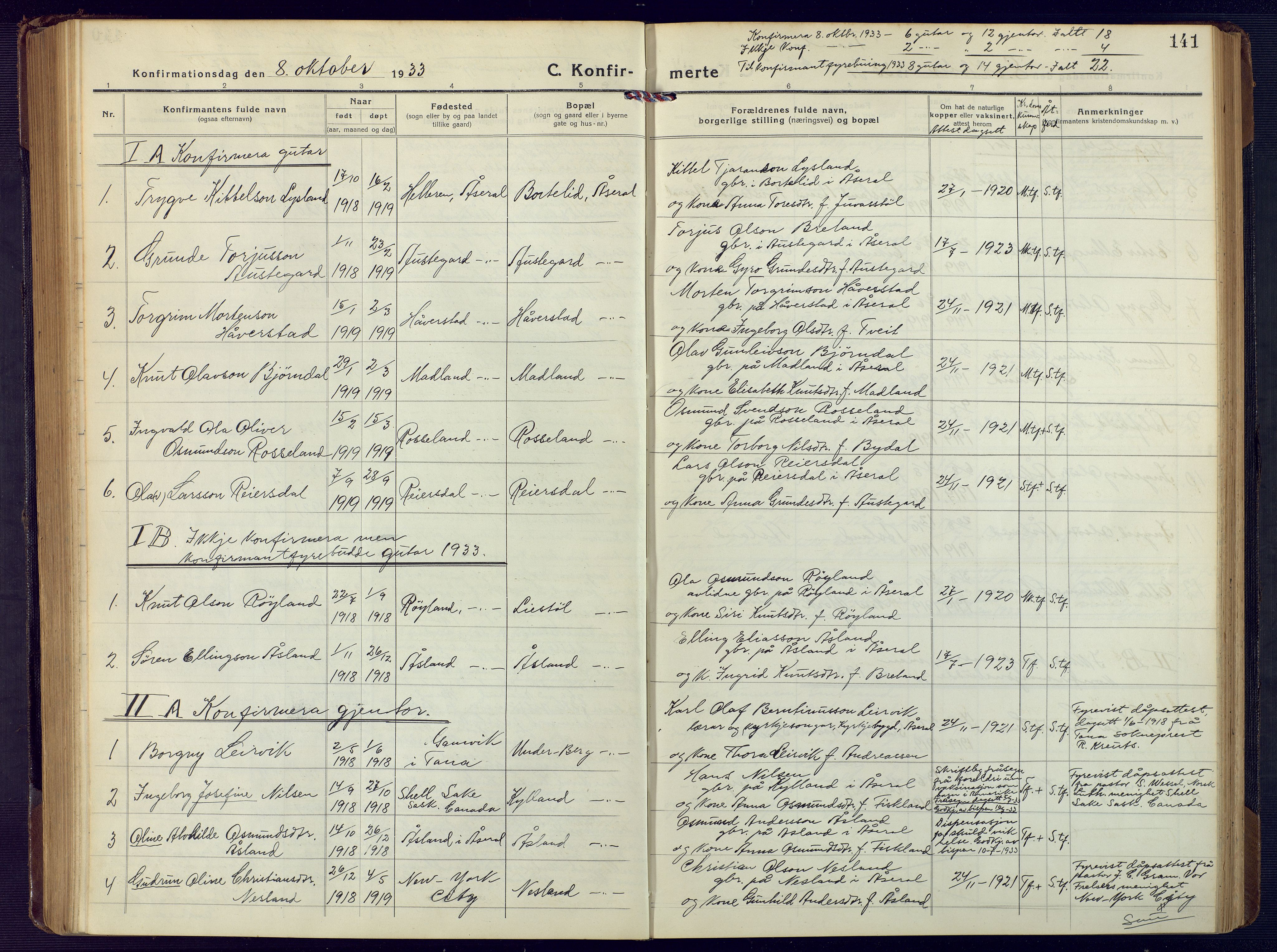 Åseral sokneprestkontor, SAK/1111-0051/F/Fb/L0004: Parish register (copy) no. B 4, 1920-1946, p. 141