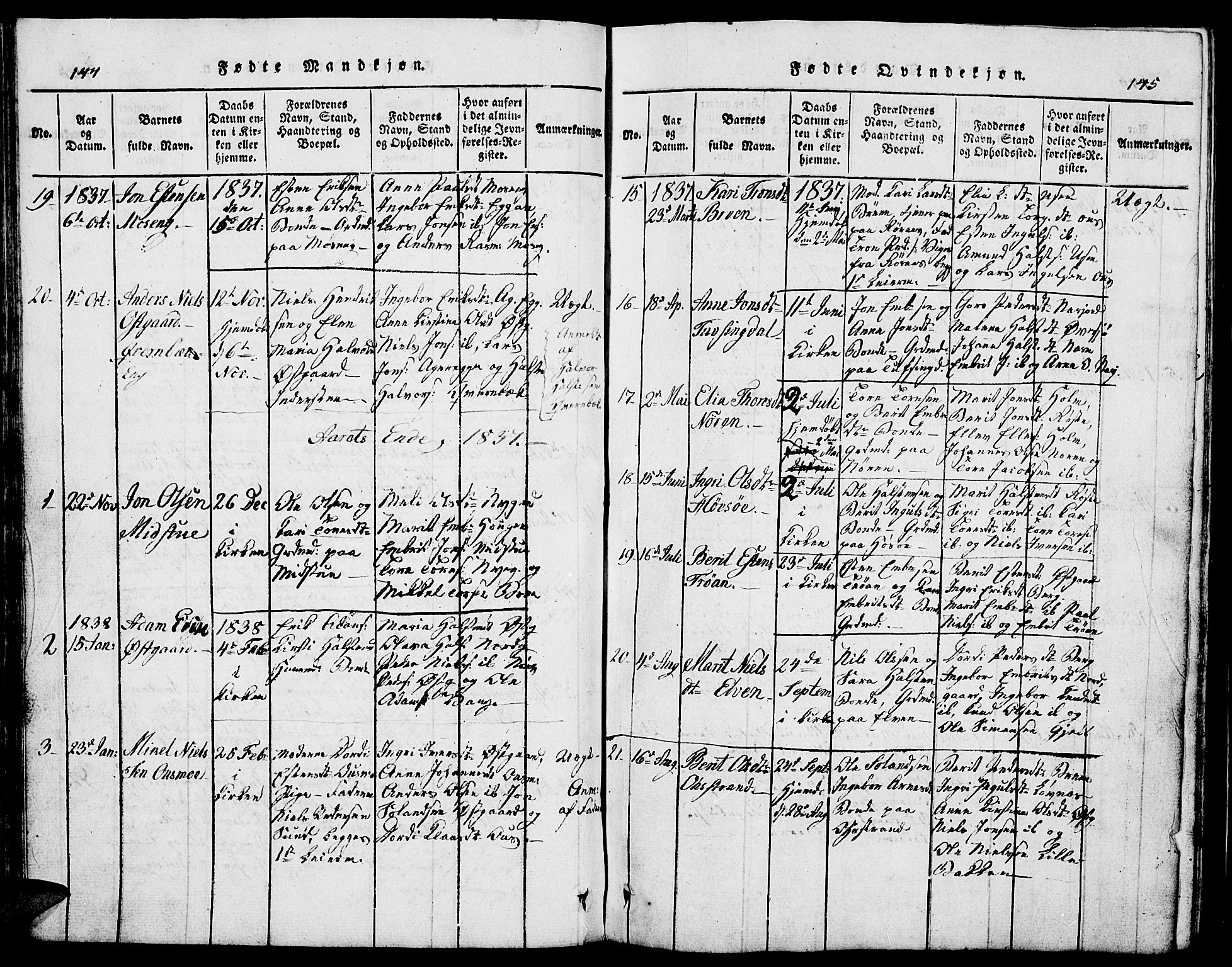 Tolga prestekontor, SAH/PREST-062/L/L0002: Parish register (copy) no. 2, 1815-1844, p. 144-145