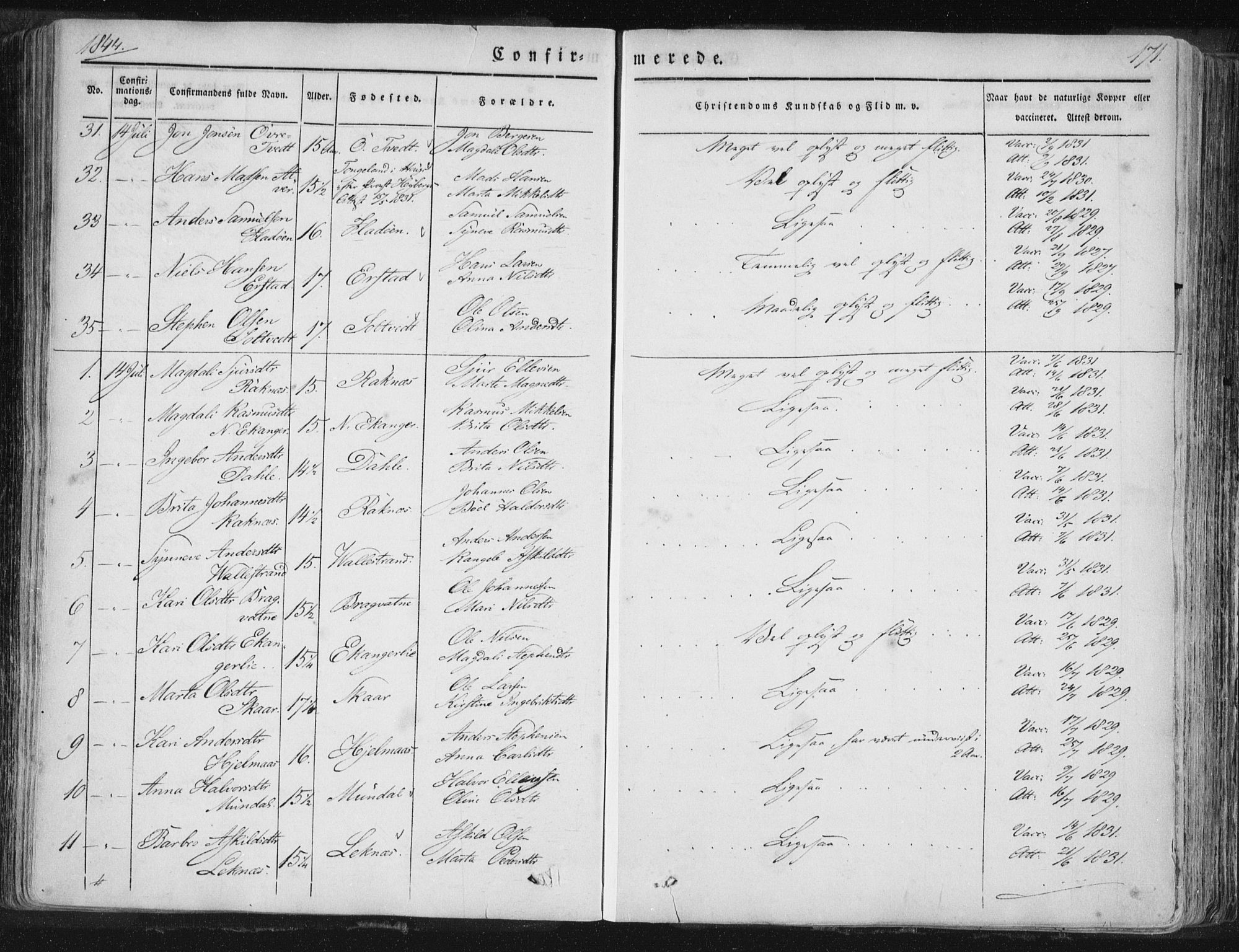 Hamre sokneprestembete, AV/SAB-A-75501/H/Ha/Haa/Haaa/L0012: Parish register (official) no. A 12, 1834-1845, p. 171