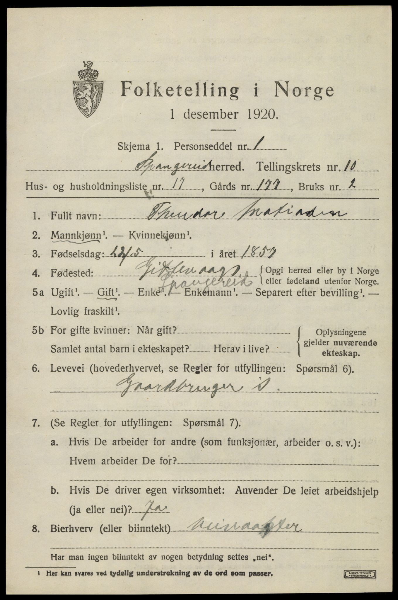 SAK, 1920 census for Spangereid, 1920, p. 3637