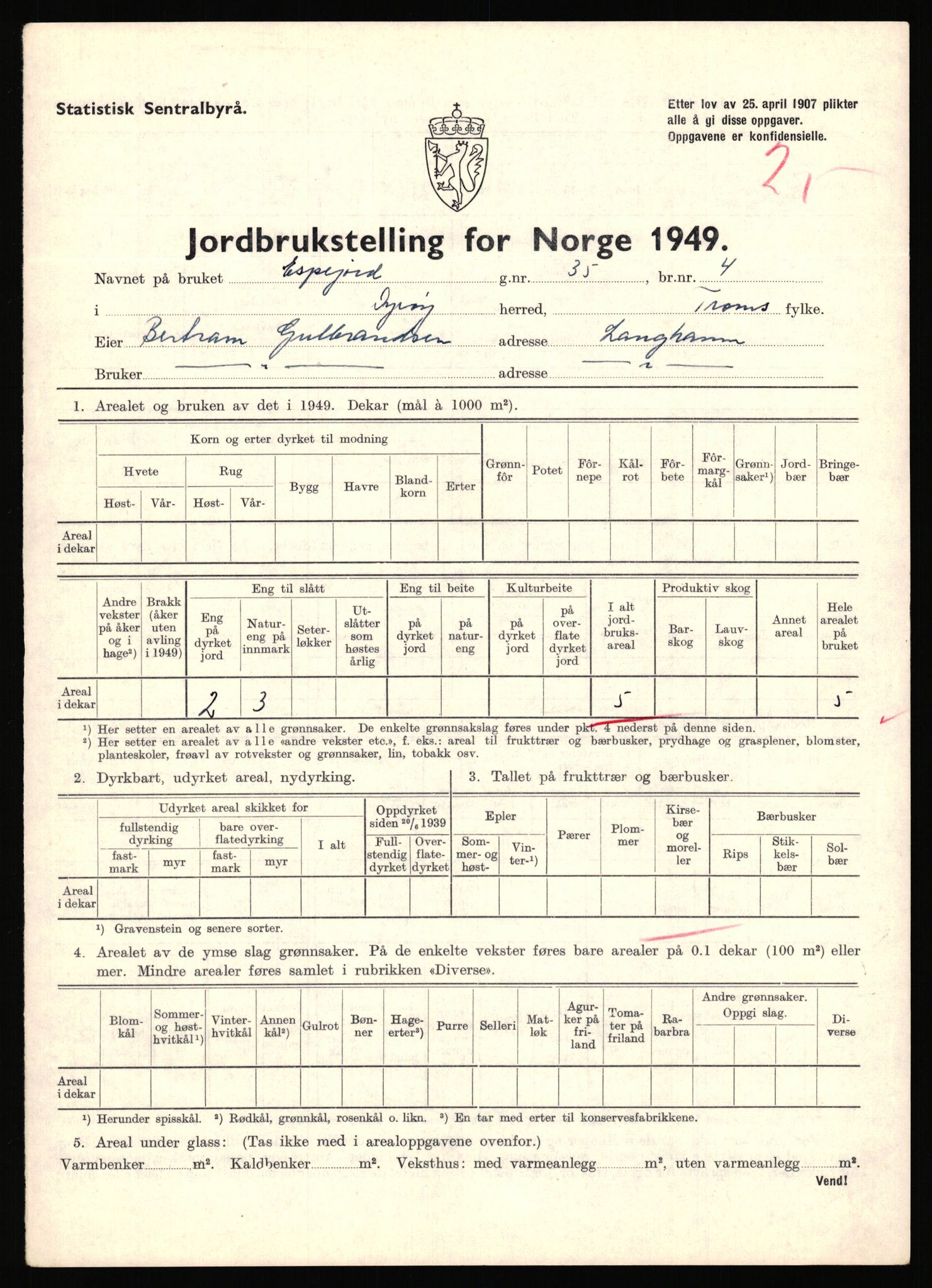 Statistisk sentralbyrå, Næringsøkonomiske emner, Jordbruk, skogbruk, jakt, fiske og fangst, AV/RA-S-2234/G/Gc/L0440: Troms: Sørreisa og Dyrøy, 1949, p. 929