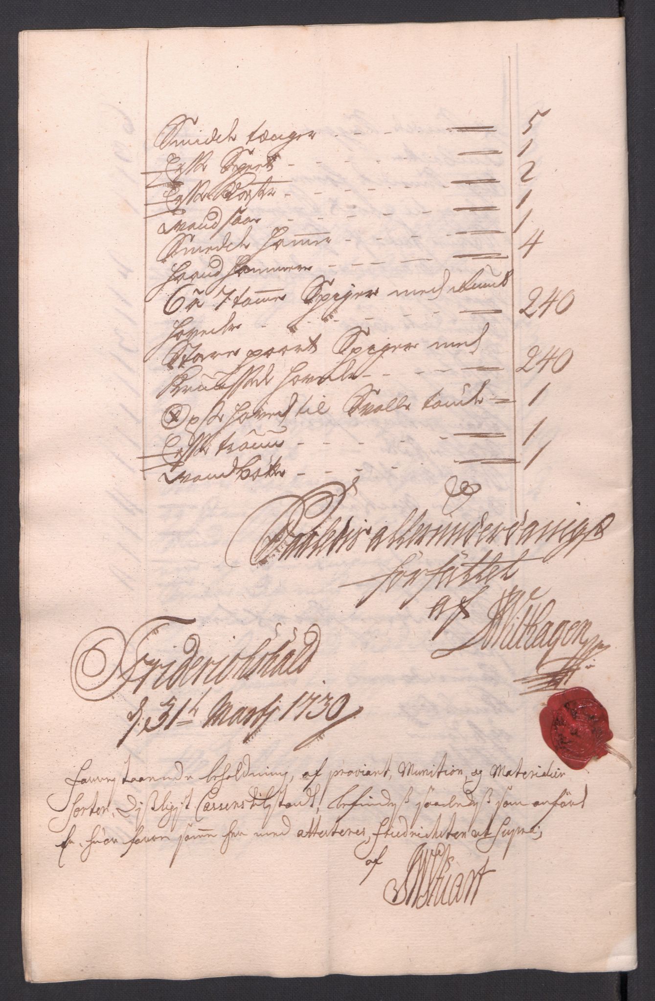 Kommanderende general (KG I) med Det norske krigsdirektorium, AV/RA-EA-5419/D/L0154: Fredriksten festning: Brev, inventarfortegnelser og regnskapsekstrakter, 1730-1739, p. 23