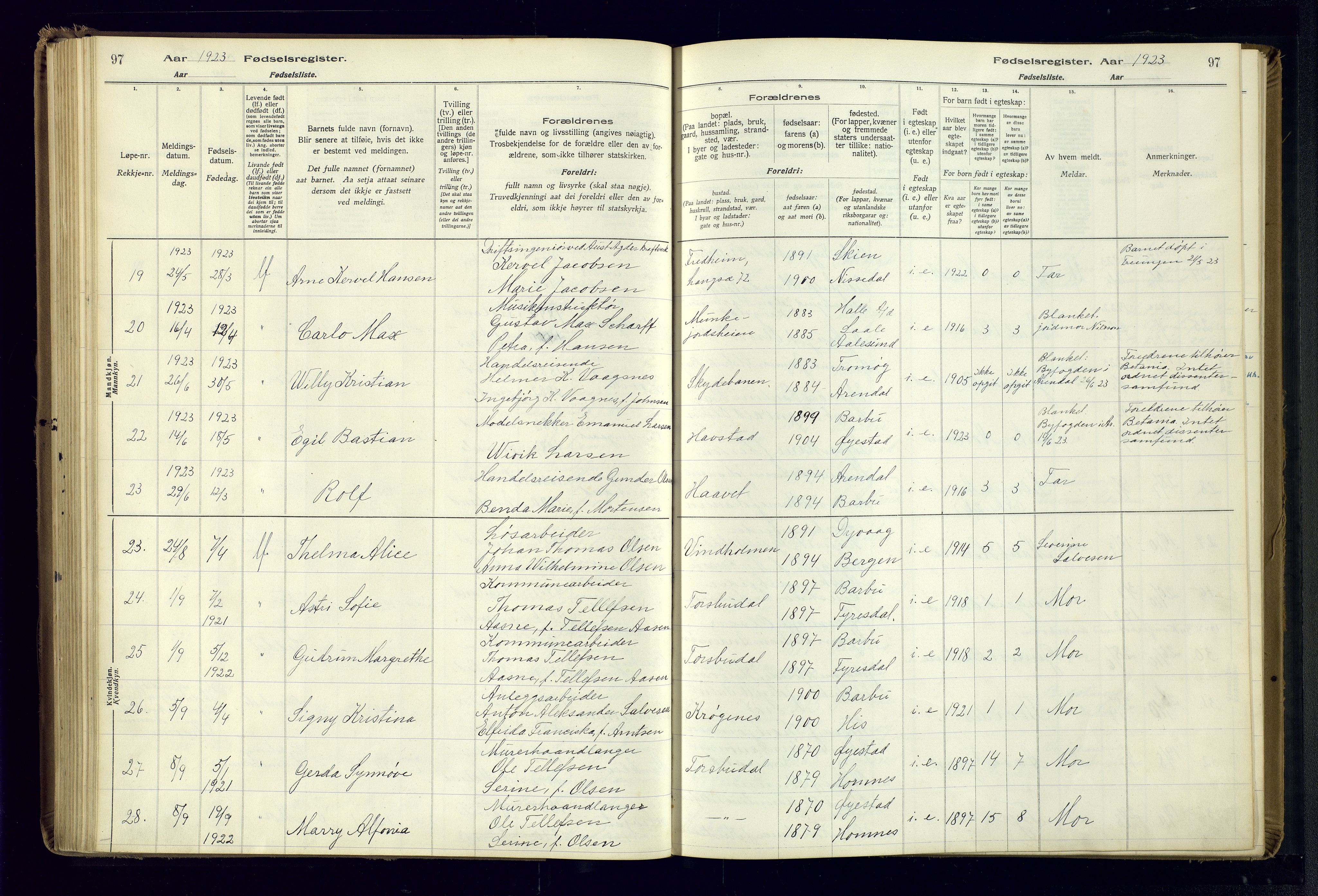 Barbu sokneprestkontor, AV/SAK-1111-0003/J/Ja/L0001: Birth register no. A-VIII-1, 1916-1937, p. 97