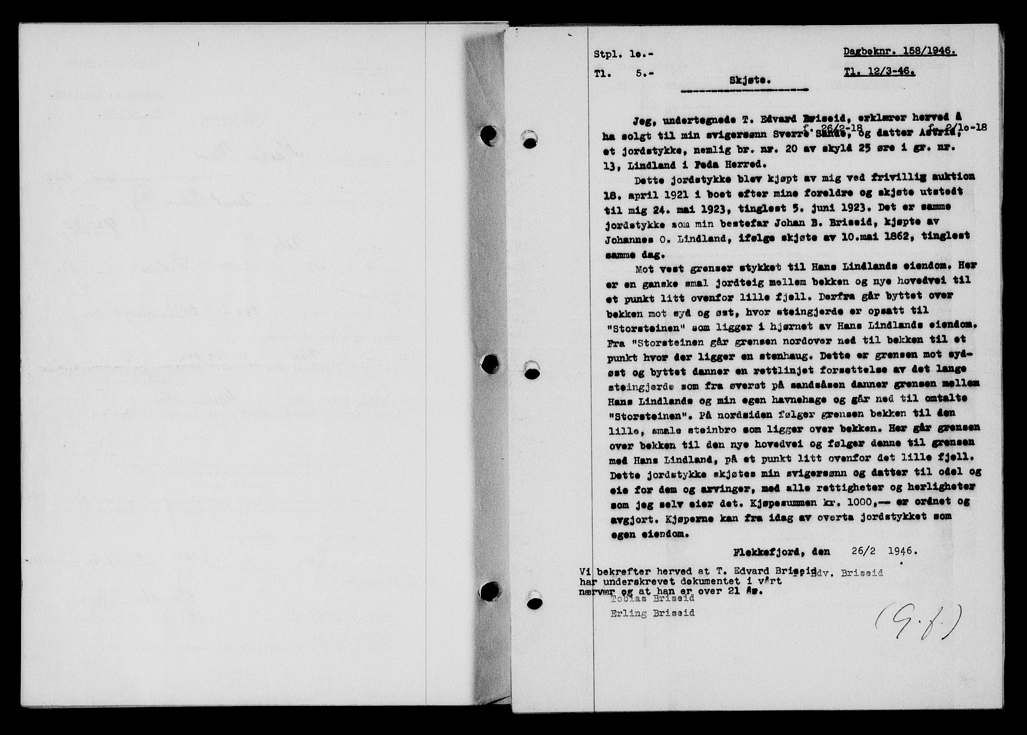 Flekkefjord sorenskriveri, SAK/1221-0001/G/Gb/Gba/L0060: Mortgage book no. A-8, 1945-1946, Diary no: : 158/1946