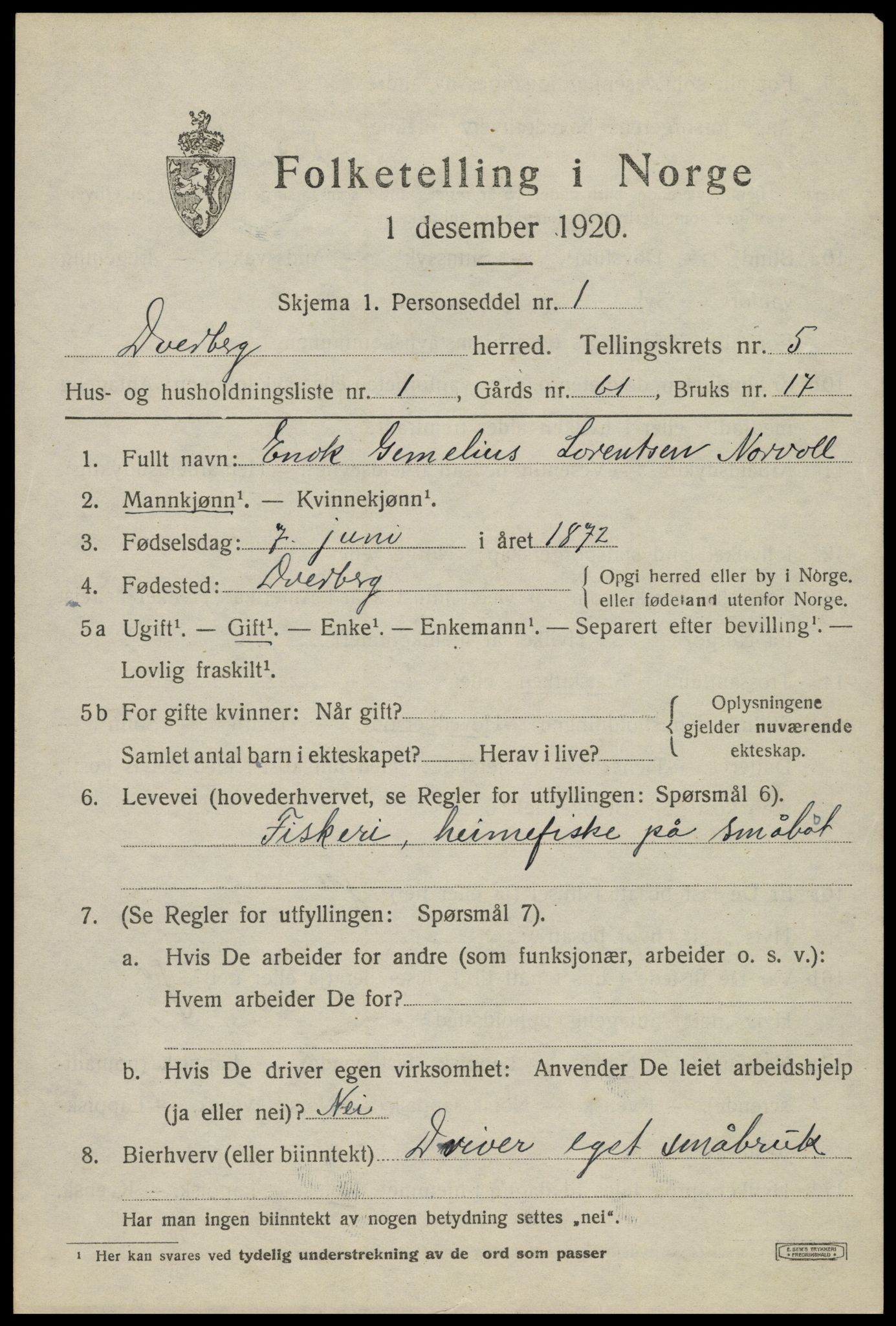 SAT, 1920 census for Dverberg, 1920, p. 5856