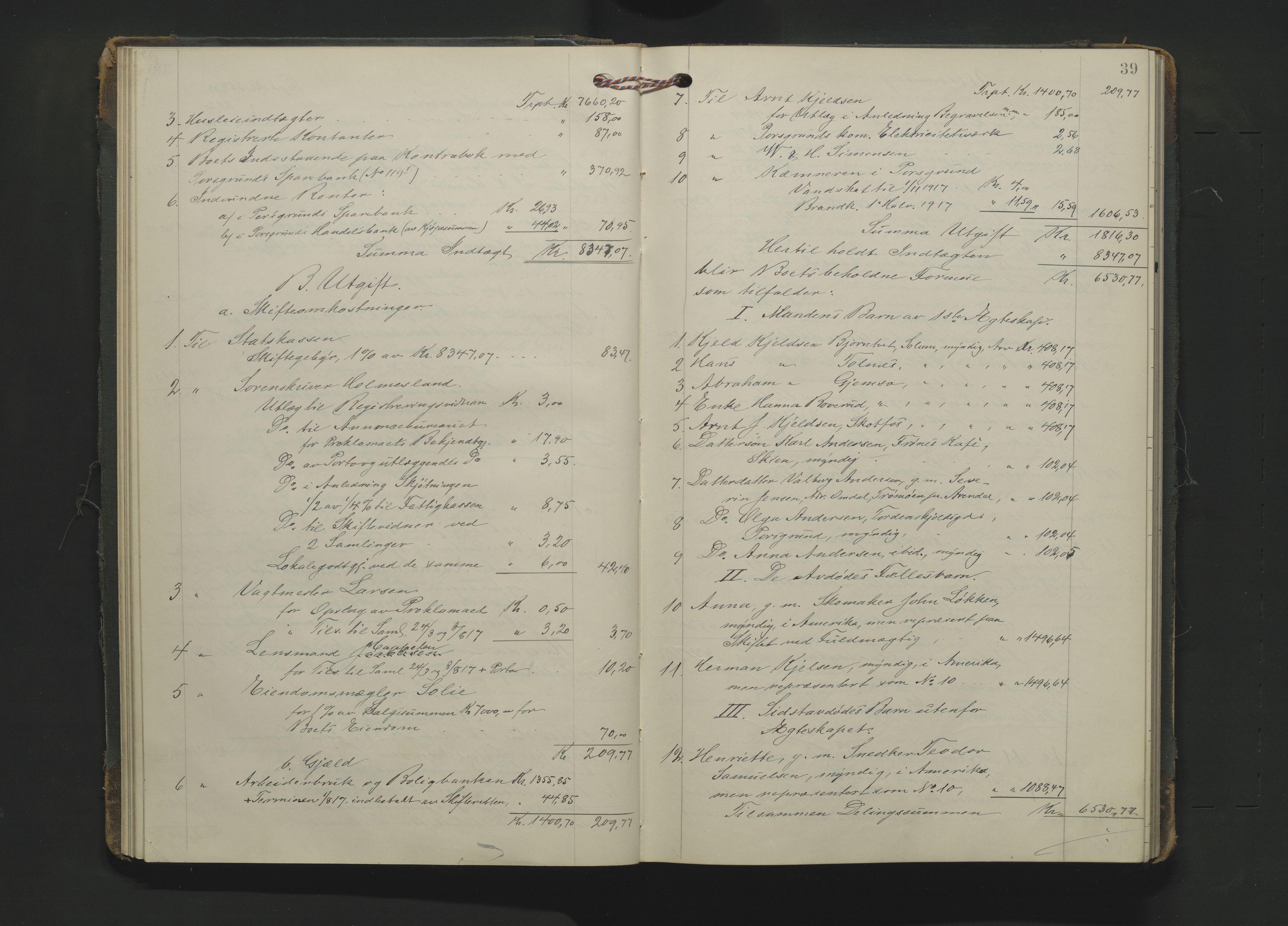 Gjerpen sorenskriveri, AV/SAKO-A-216/H/Hb/Hbc/Hbcb/L0002: Skifteutlodningsprotokoll, Porsgrunn by, 1914-1925, p. 38b-39a
