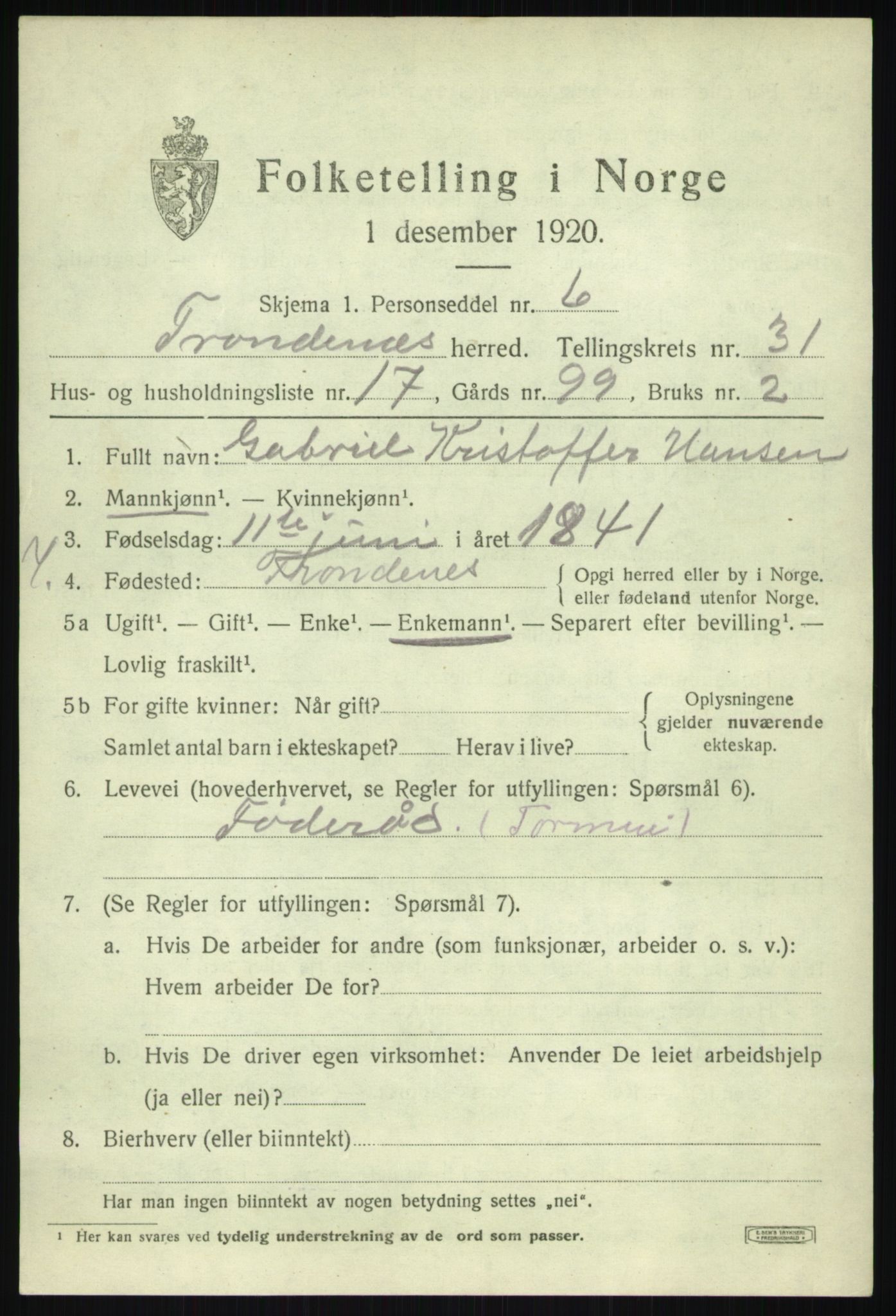 SATØ, 1920 census for Trondenes, 1920, p. 22173