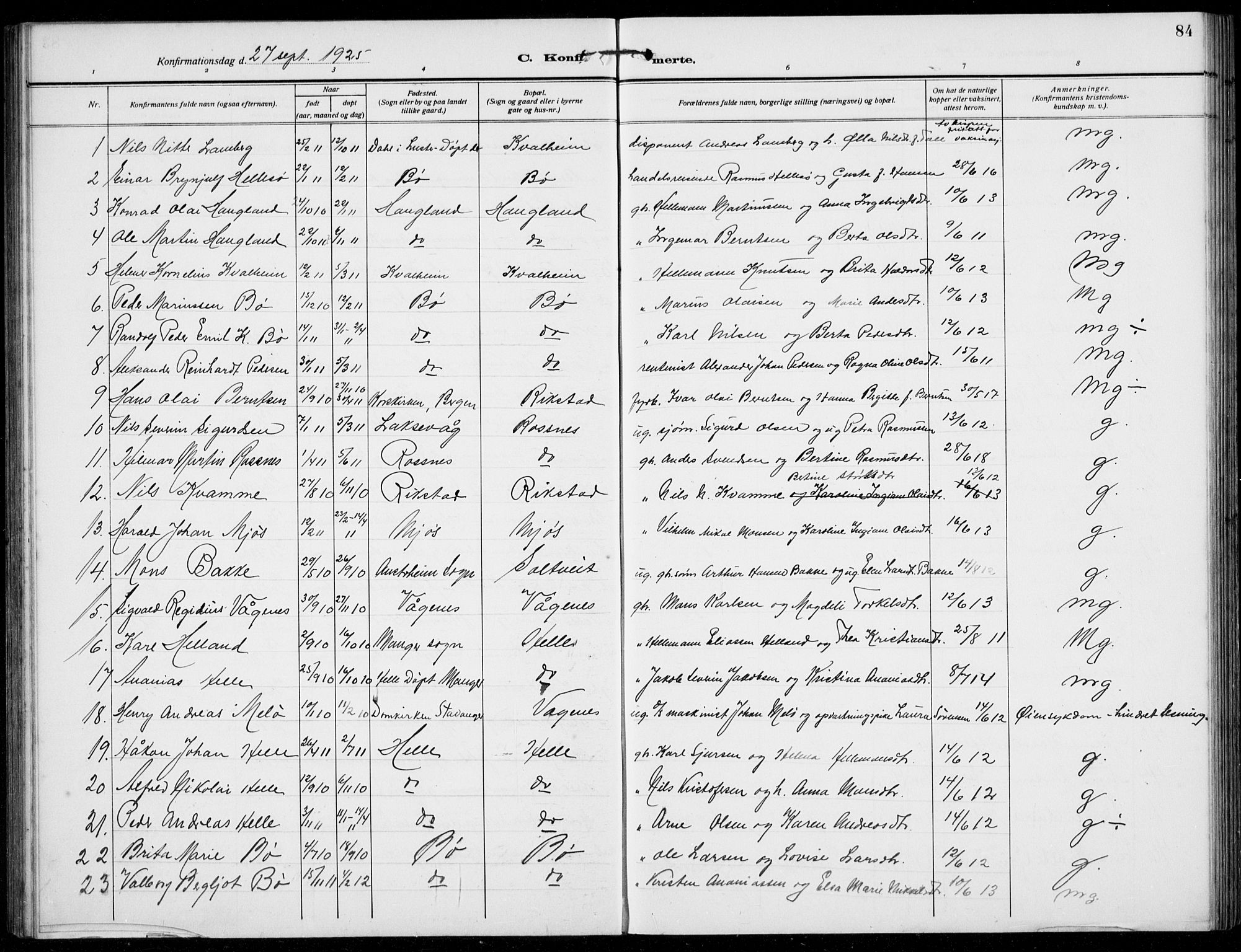 Manger sokneprestembete, AV/SAB-A-76801/H/Hab: Parish register (copy) no. B  5, 1922-1938, p. 84