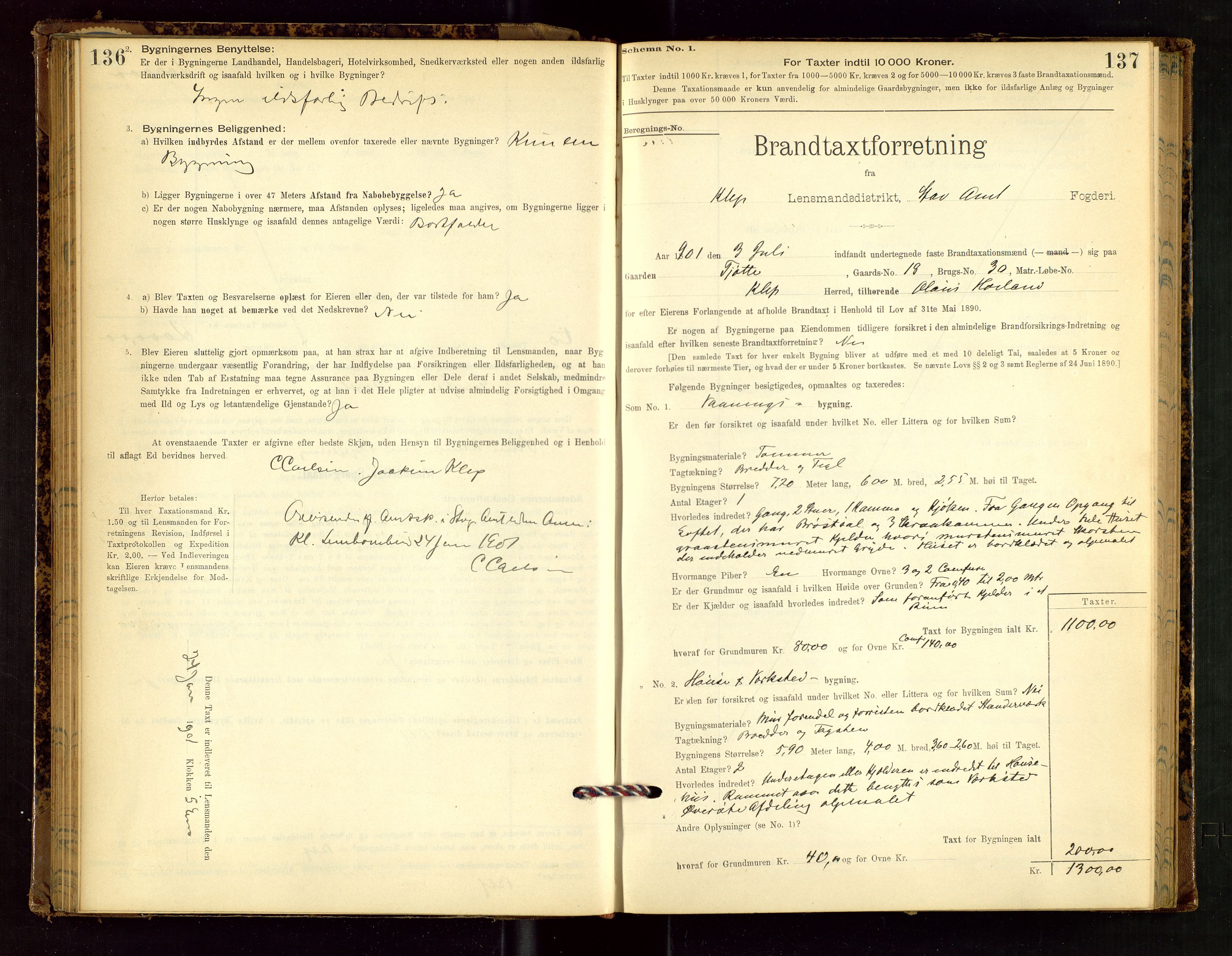 Klepp lensmannskontor, AV/SAST-A-100163/Goc/L0002: "Brandtaxationsprotokol" m/register, 1898-1902, p. 136-137