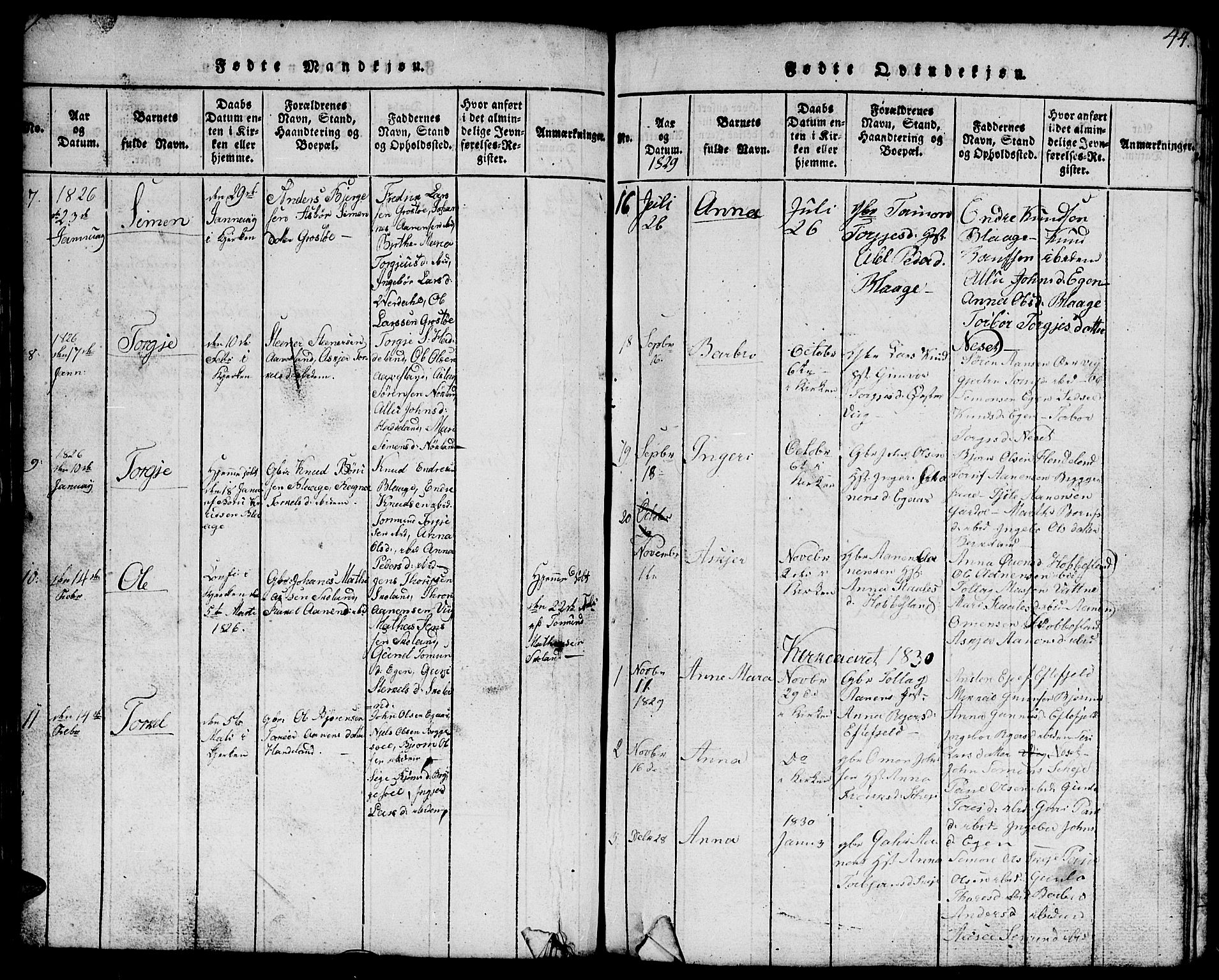 Hægebostad sokneprestkontor, SAK/1111-0024/F/Fb/Fbb/L0001: Parish register (copy) no. B 1, 1816-1850, p. 44