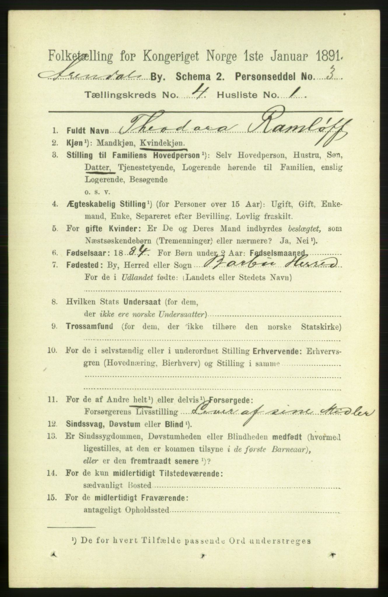 RA, 1891 census for 0903 Arendal, 1891, p. 1655