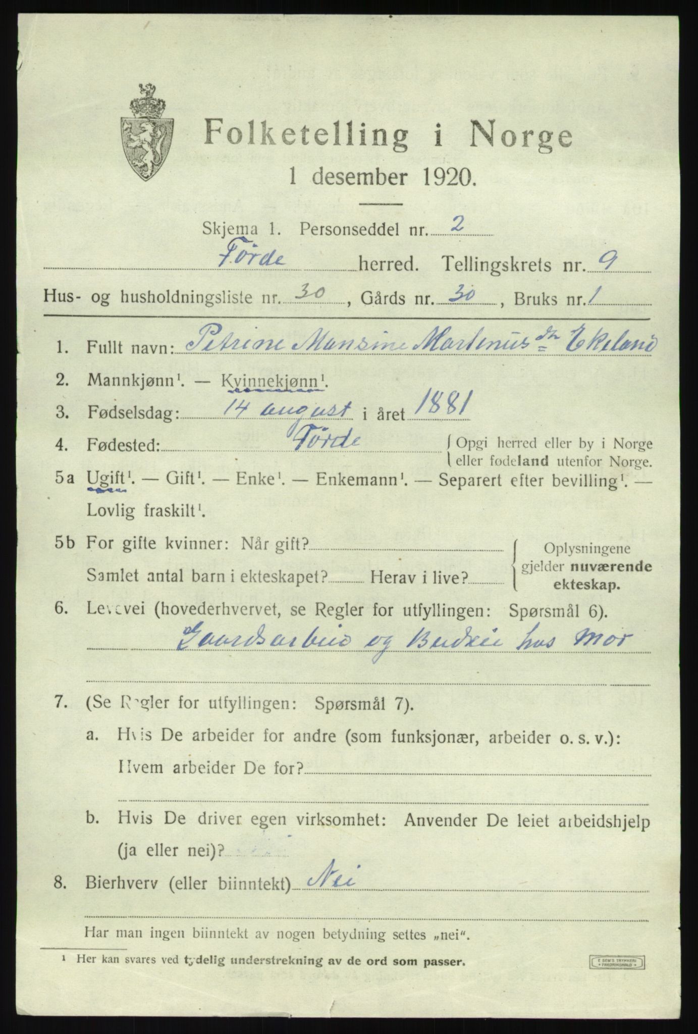 SAB, 1920 census for Førde, 1920, p. 3644