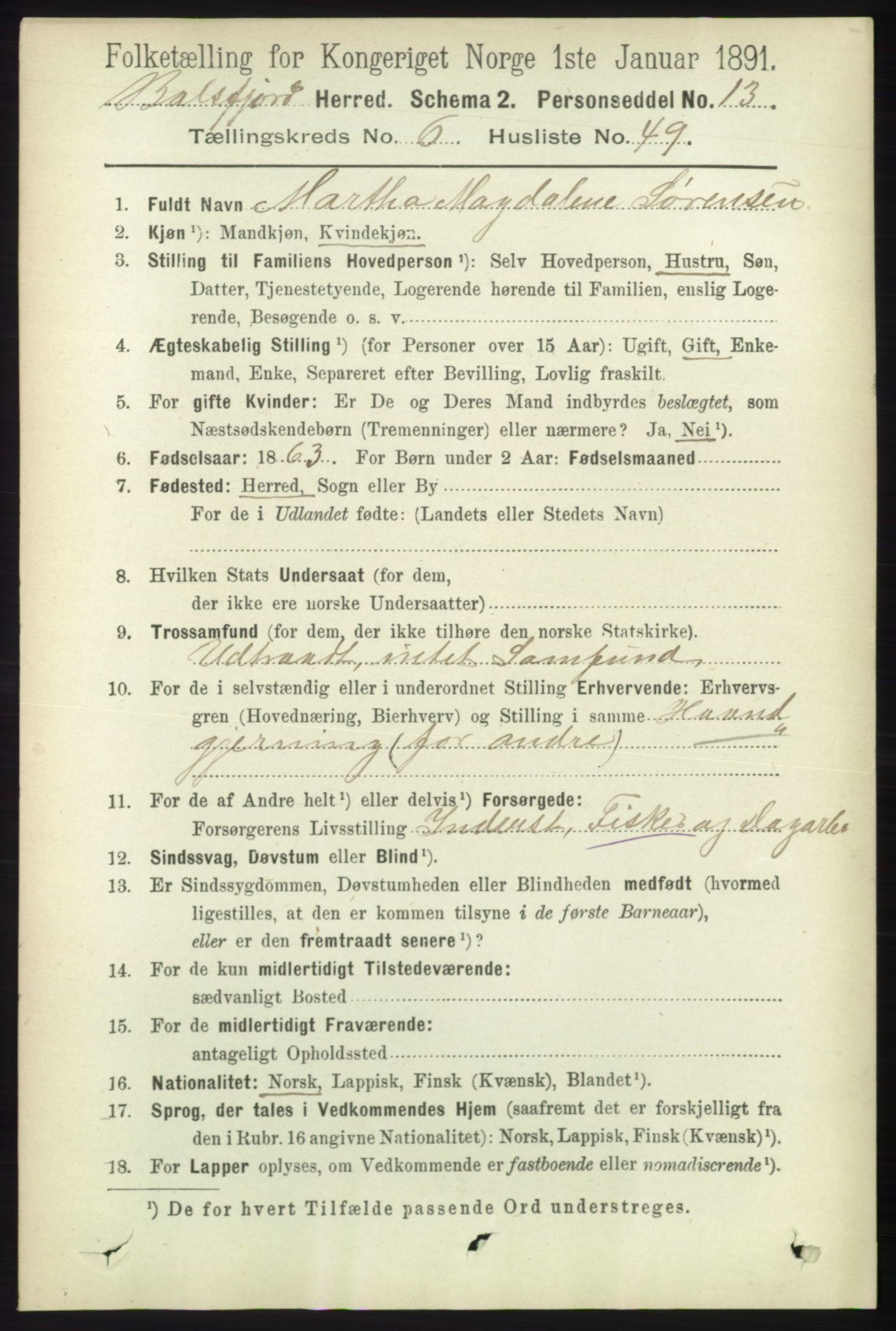 RA, 1891 census for 1933 Balsfjord, 1891, p. 1969