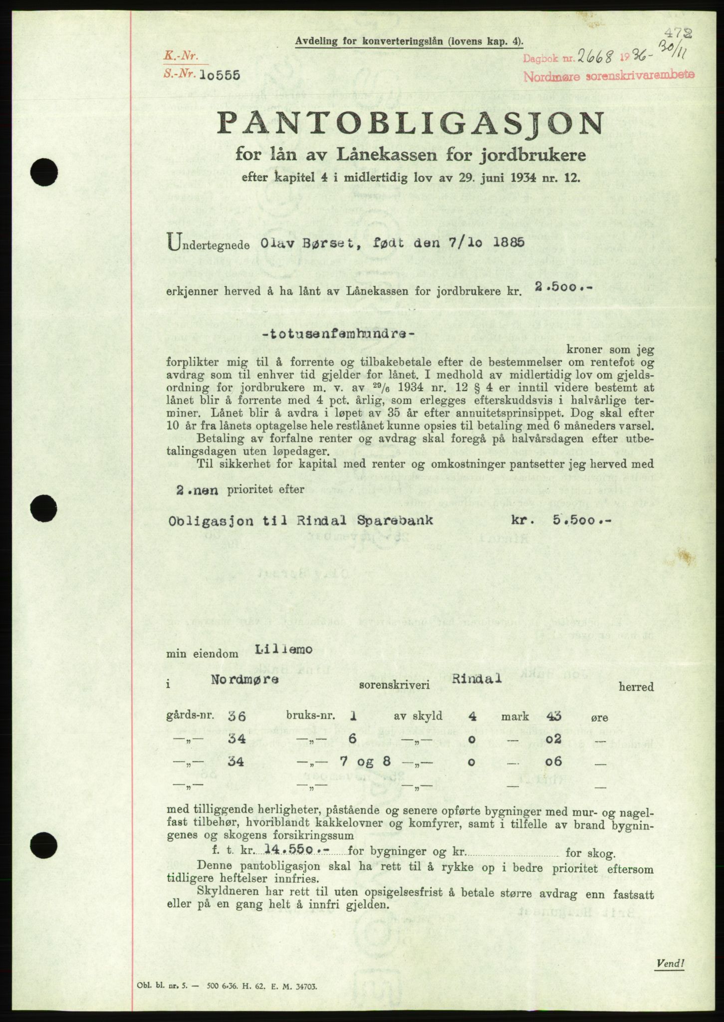 Nordmøre sorenskriveri, AV/SAT-A-4132/1/2/2Ca/L0090: Mortgage book no. B80, 1936-1937, Diary no: : 2668/1936