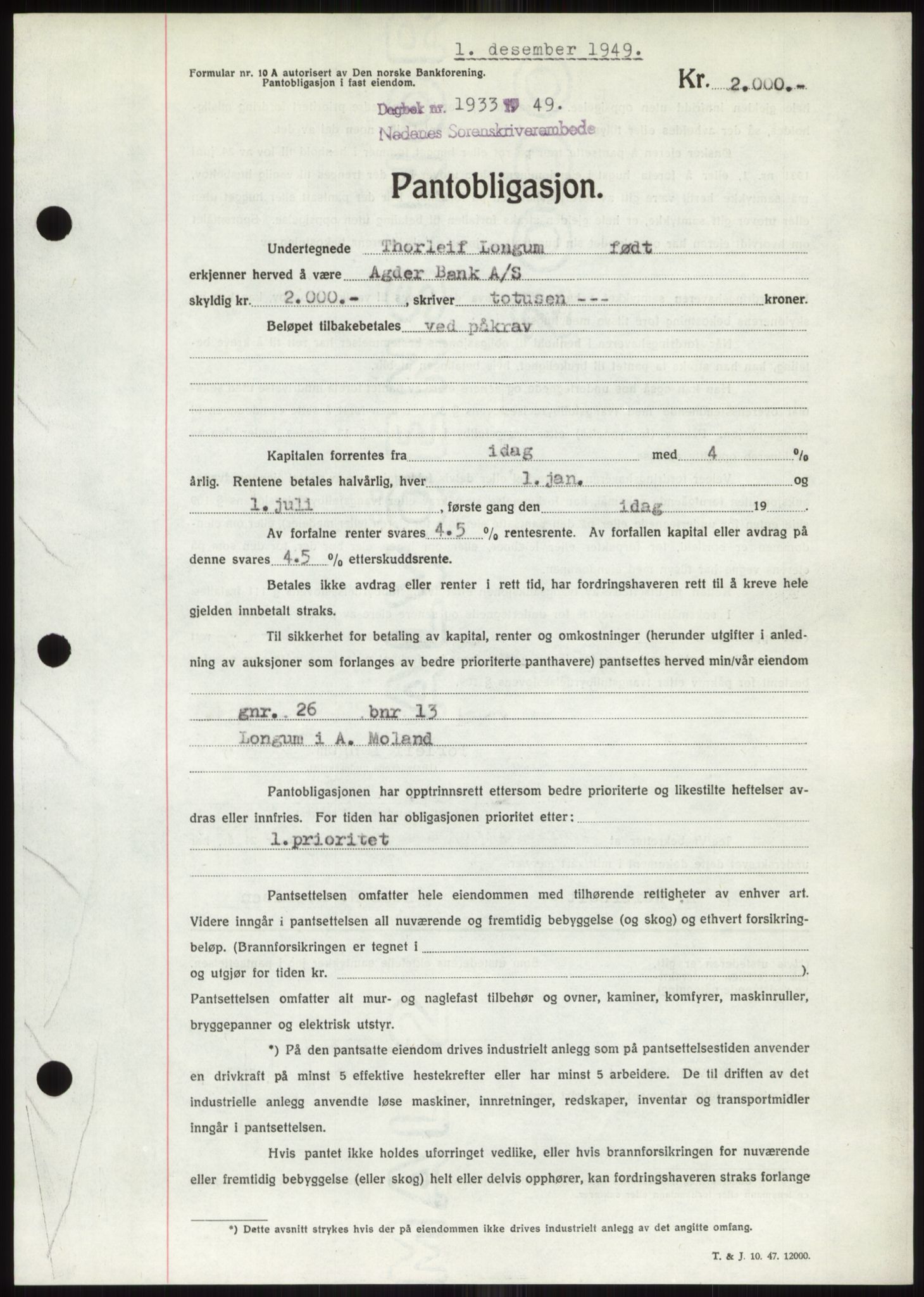 Nedenes sorenskriveri, AV/SAK-1221-0006/G/Gb/Gbb/L0007: Mortgage book no. B7, 1949-1950, Diary no: : 1933/1949