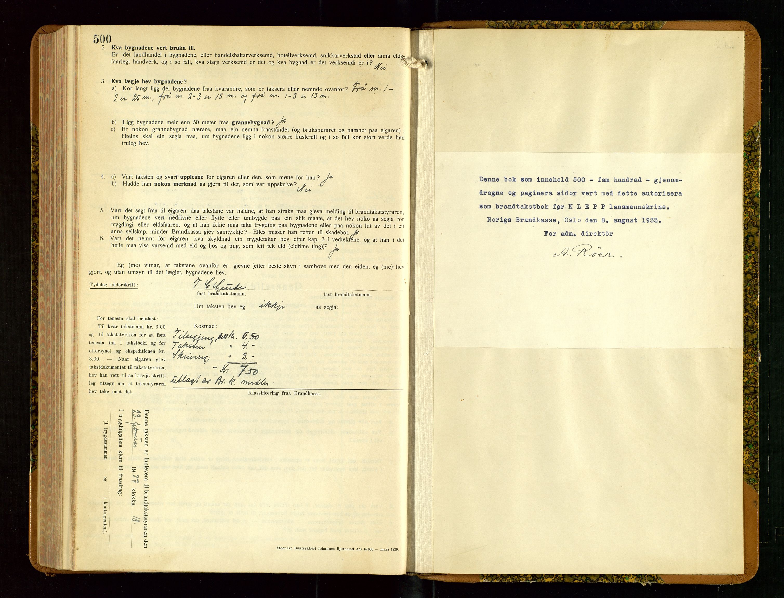 Klepp lensmannskontor, SAST/A-100163/Goc/L0013: "Brandtakstbok" m/register, 1933-1937, p. 500